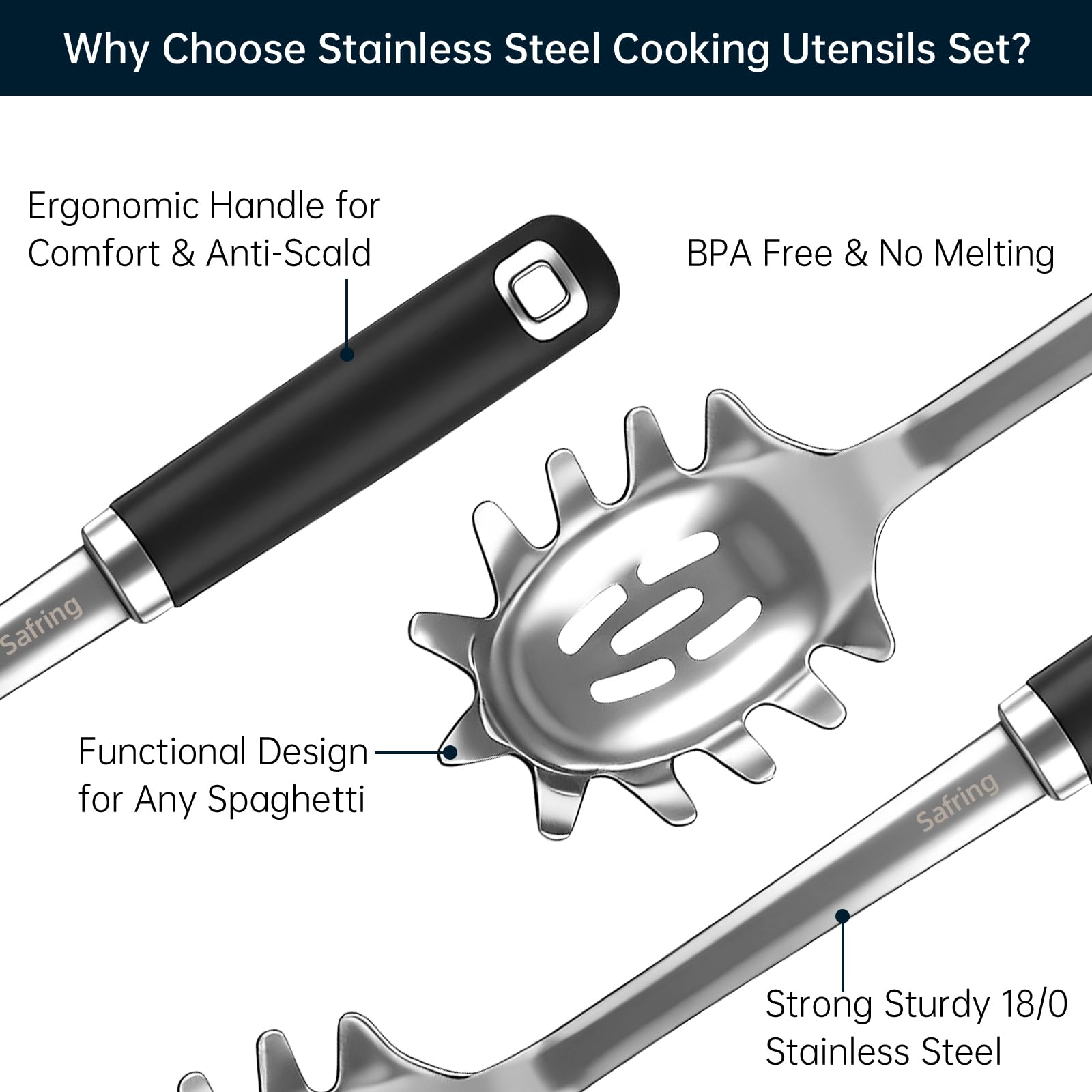 Stainless Steel Soup Ladle and Spaghetti Spoon Set, Heat Resistant Rubber Handle, Dishwasher Safe, Kitchen Utensils for Cooking, Stirring, Serving Pasta, Soup & Sauce