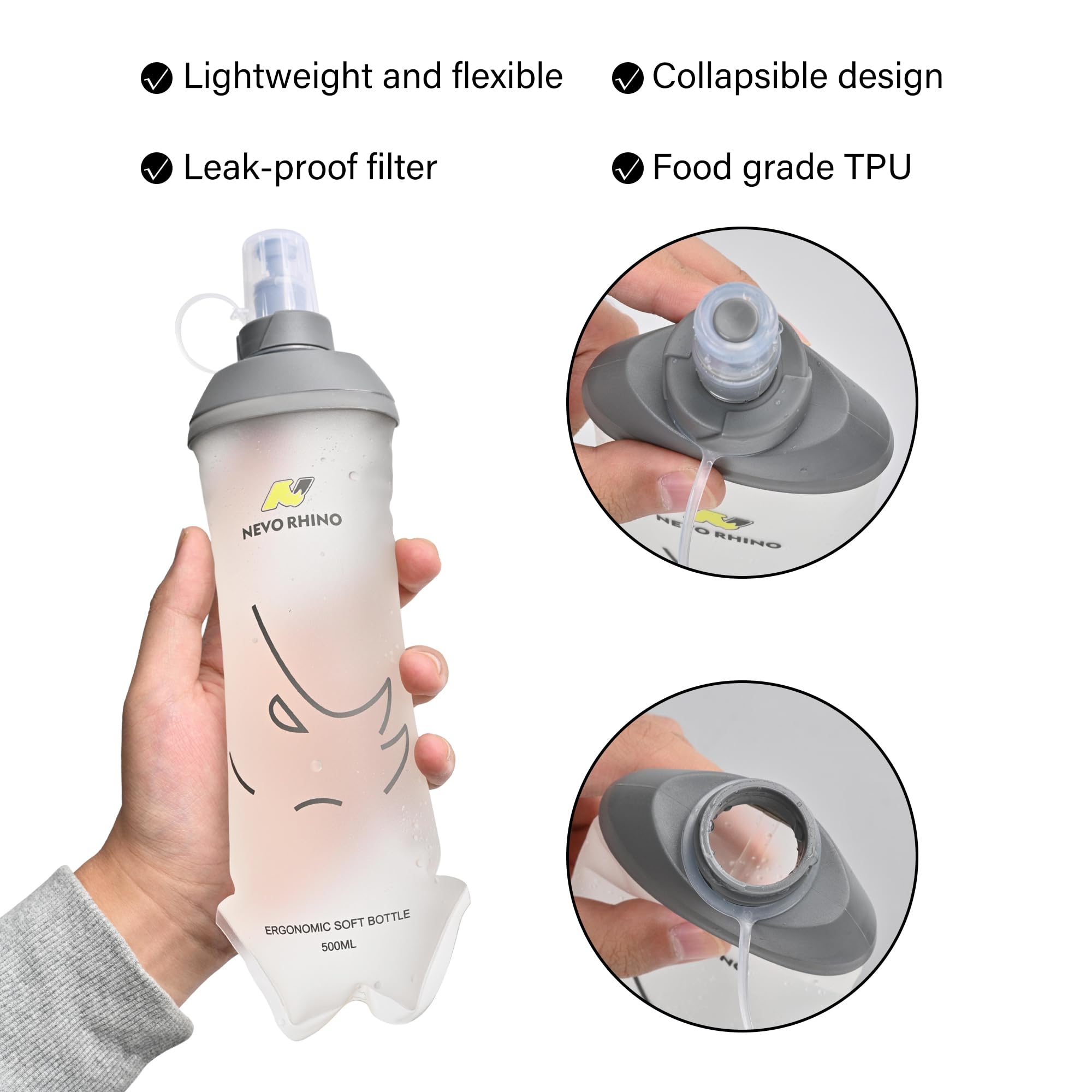 N NEVO RHINO 2PCS Soft Flask, 17oz/500ml TPU Running Water Bottle for Hydration Vests and Running Packs, Leak-proof BPA-Free Collapsible Water Bottles for Running, Hiking, Cycling, Climbing