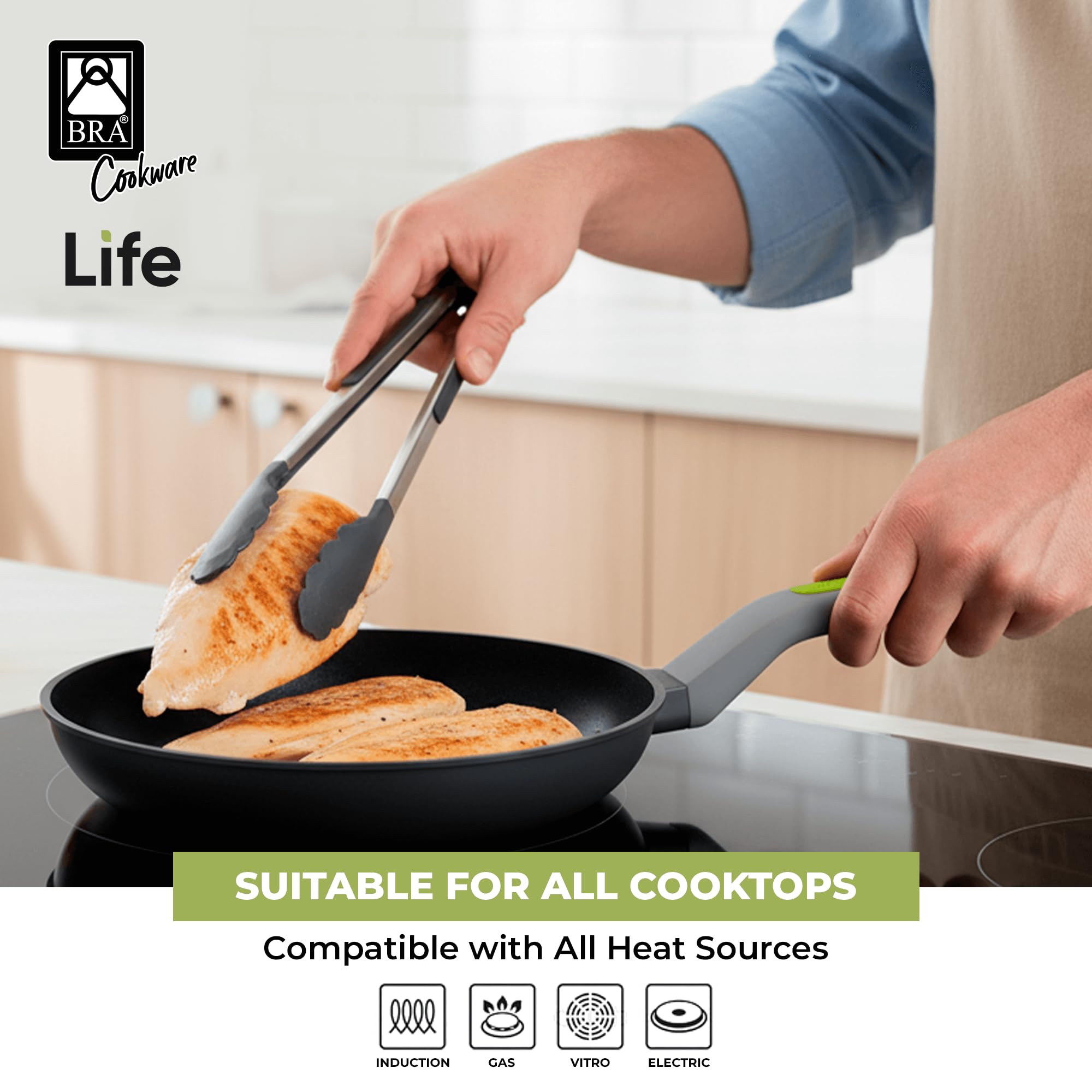 BRA COOKWARE Life Ceramic Nonstick Sauté Pan w/Glass Lid | 12.6 Inch 4.79 Quart Recycled Aluminum Deep Pan | Dual-Handle Braiser | Ceramic Non-Stick Coating | PFOA Free | All Cooktops & Oven Safe