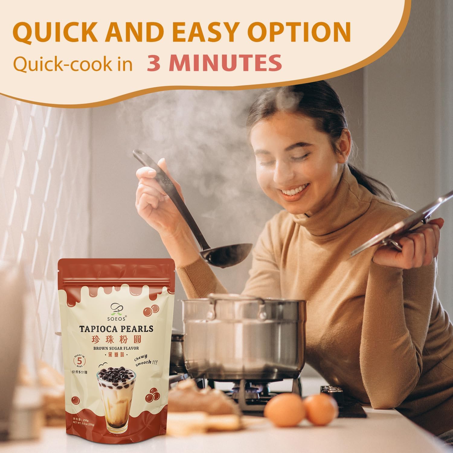 Soeos Tapioca Pearls 2.2 lb (998g), Boba Pearls for Bubble Tea, Beverages, Sweets, Ice Cream, Shakes, Desserts & Smoothies Topping - Ready in 5 Minutes