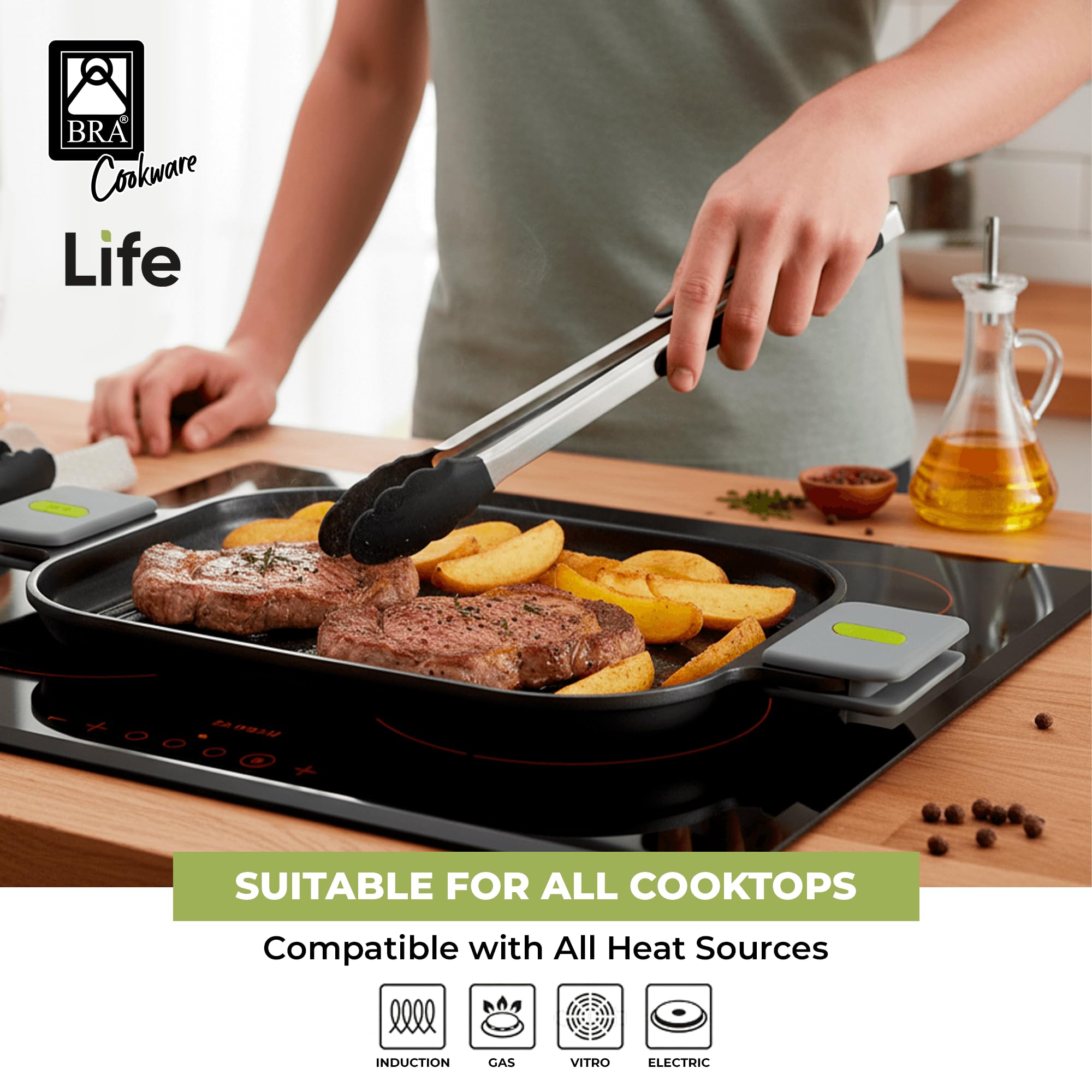 BRA COOKWARE Life Ceramic Nonstick Sauté Pan w/Glass Lid | 12.6 Inch 4.79 Quart Recycled Aluminum Deep Pan | Dual-Handle Braiser | Ceramic Non-Stick Coating | PFOA Free | All Cooktops & Oven Safe
