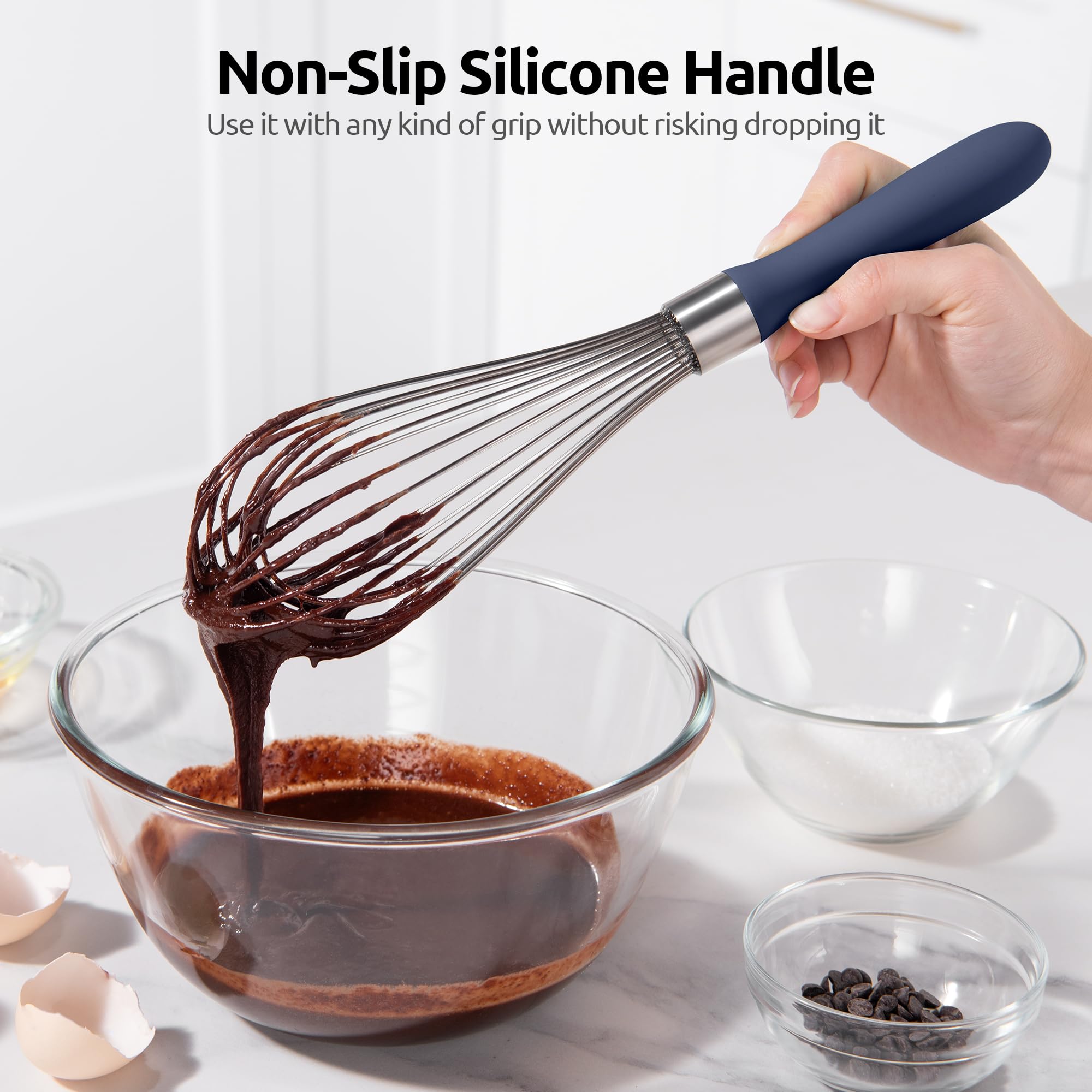 U-Taste Balloon Whisk for Cooking: 18/10 Stainless Steel Kitchen Wire Whisk, Medium Heavy Duty Egg Beater, Manual Baking Mixing Tool with 8 High Flex Wires for Stirring, Blending Sauce (Black)