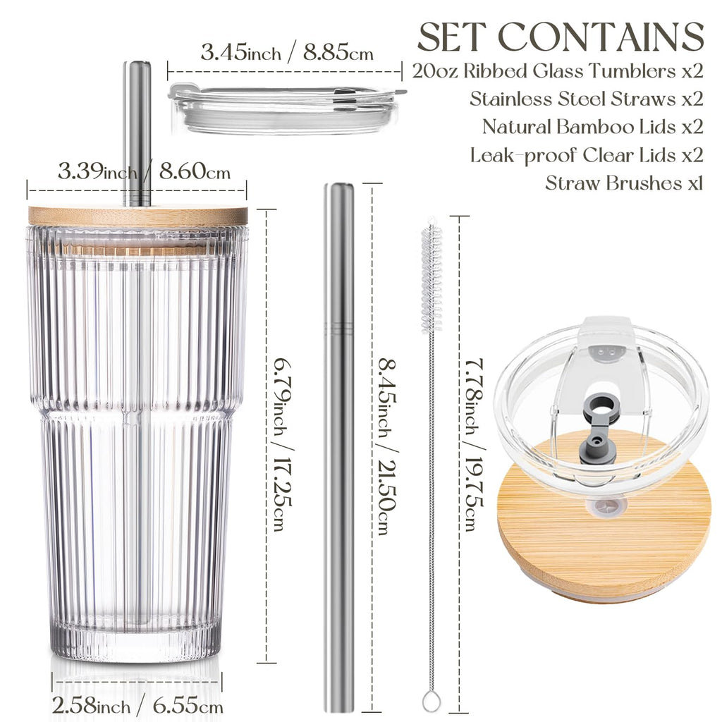 20oz Ribbed Glass Tumblers with 2 in 1 Lids & Extra-Wide 13mm Reusable Stainless Steel Straws, 2Pcs Leak-proof Vintage Drinking Glasses for Boba, Iced Coffee, Smoothies, Hot & Cold Drinks,Travel Cups