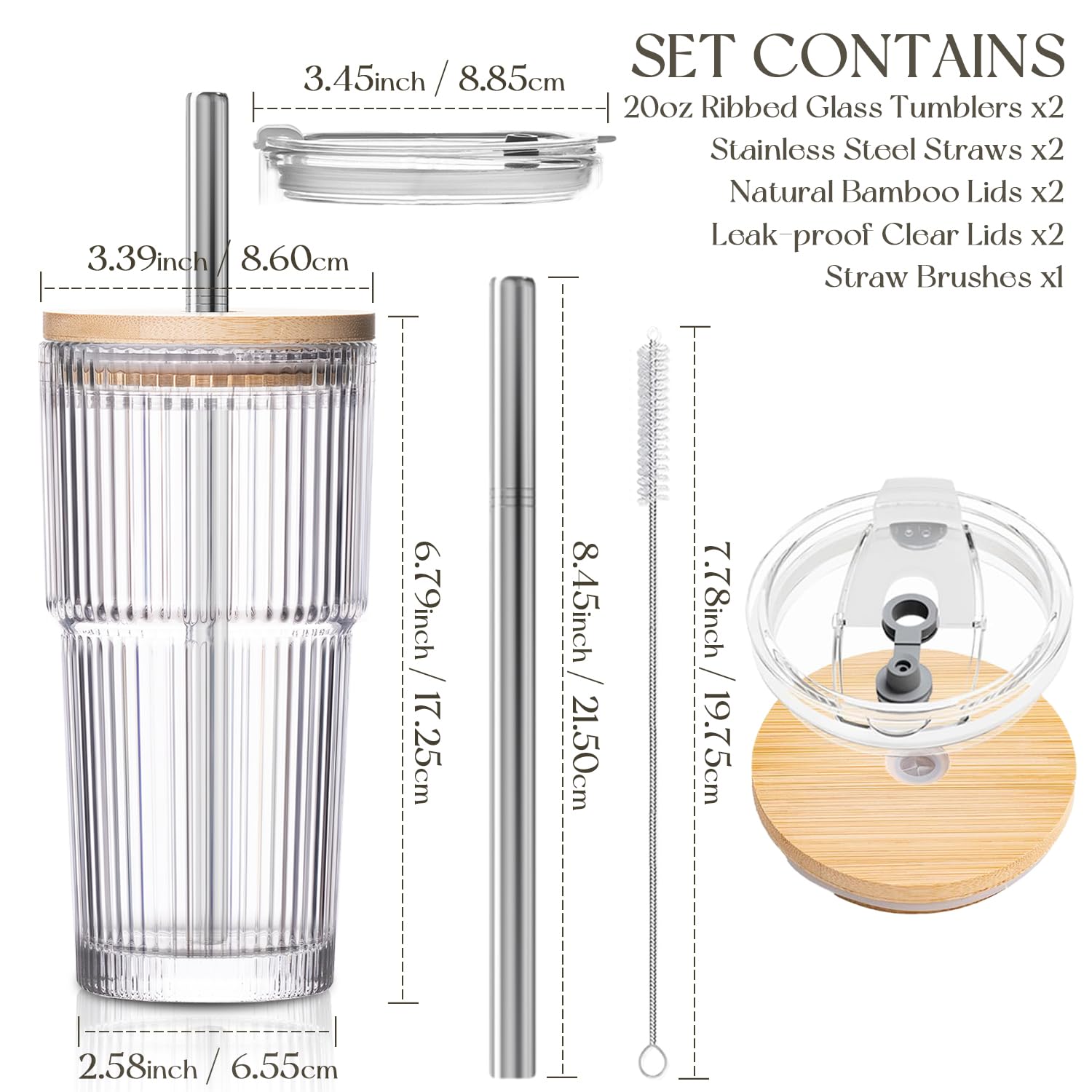 20oz Ribbed Glass Tumblers with 2 in 1 Lids & Extra-Wide 13mm Reusable Stainless Steel Straws, 2Pcs Leak-proof Vintage Drinking Glasses for Boba, Iced Coffee, Smoothies, Hot & Cold Drinks,Travel Cups