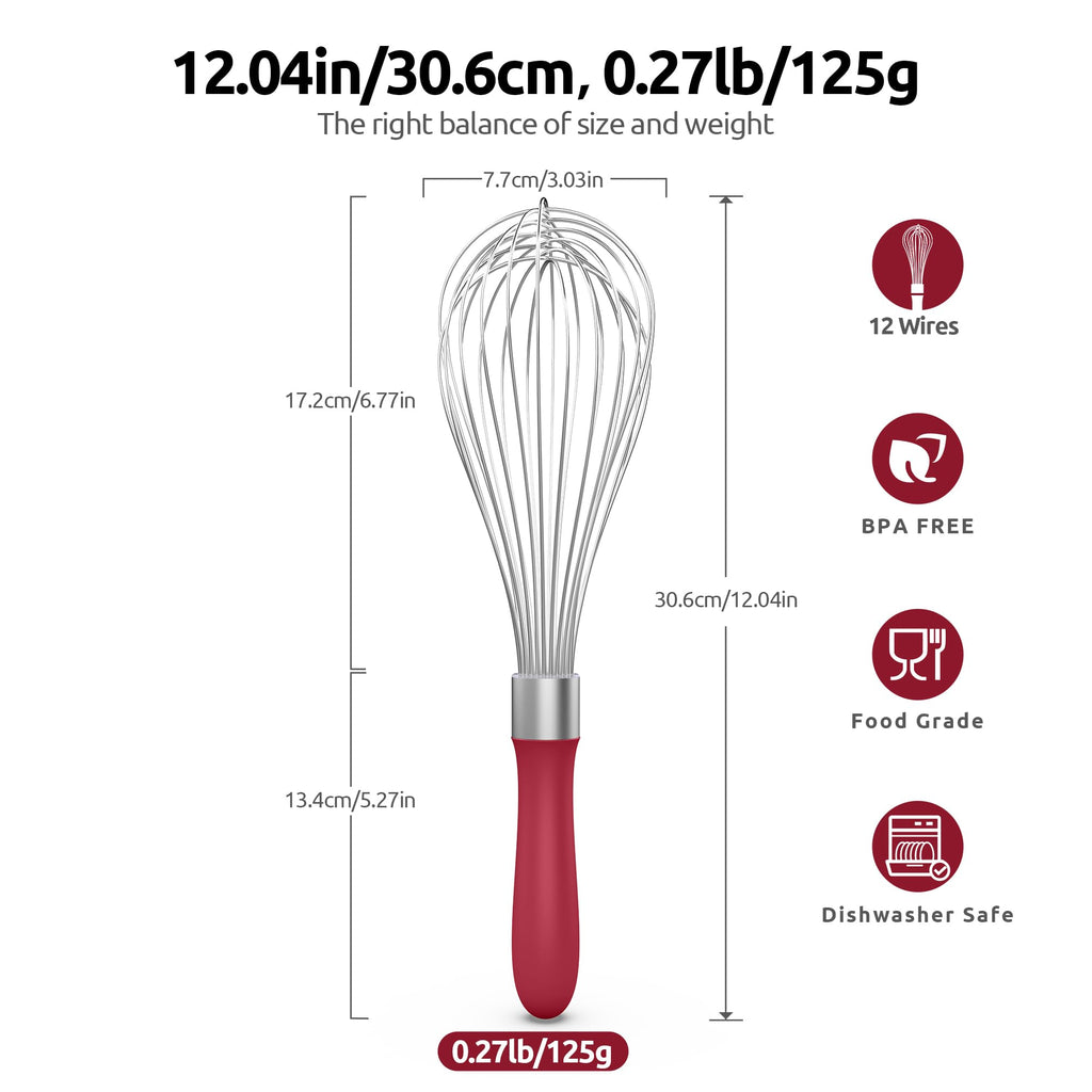 U-Taste Balloon Whisk for Cooking: 18/10 Stainless Steel Kitchen Wire Whisk, Medium Heavy Duty Egg Beater, Manual Baking Mixing Tool with 8 High Flex Wires for Stirring, Blending Sauce (Black)