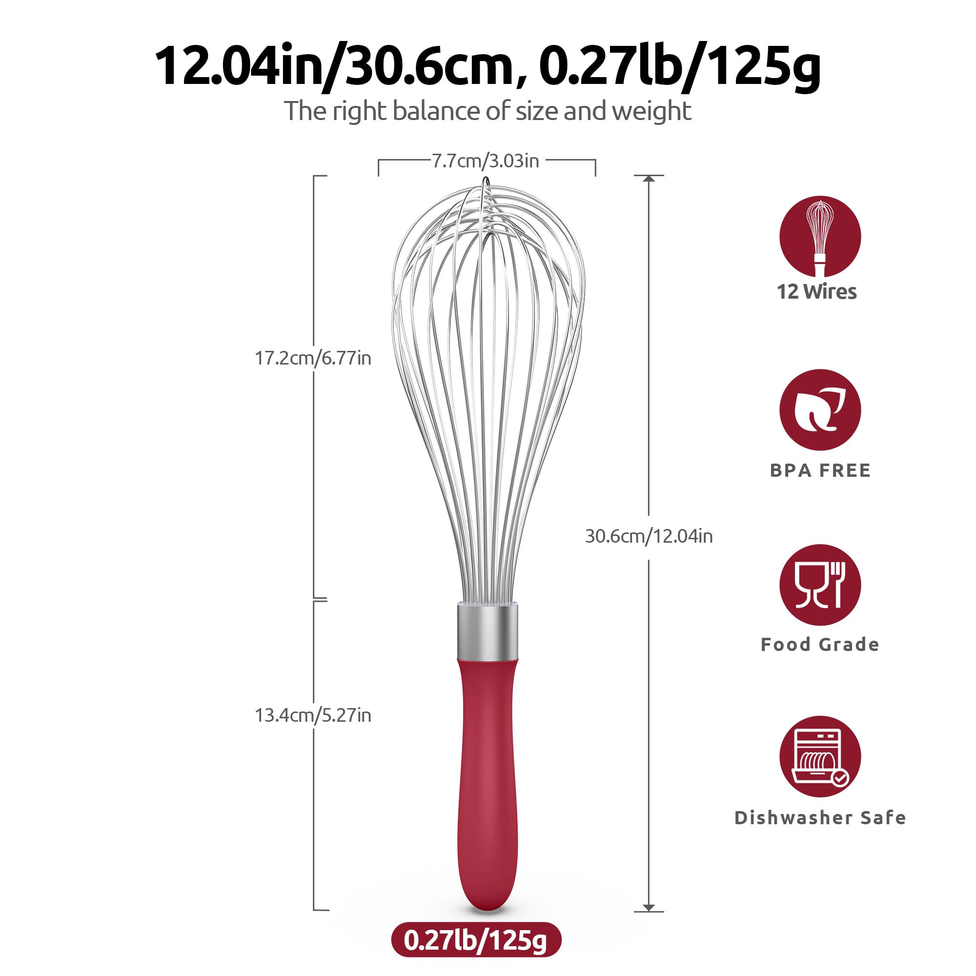 U-Taste Balloon Whisk for Cooking: 18/10 Stainless Steel Kitchen Wire Whisk, Medium Heavy Duty Egg Beater, Manual Baking Mixing Tool with 8 High Flex Wires for Stirring, Blending Sauce (Black)