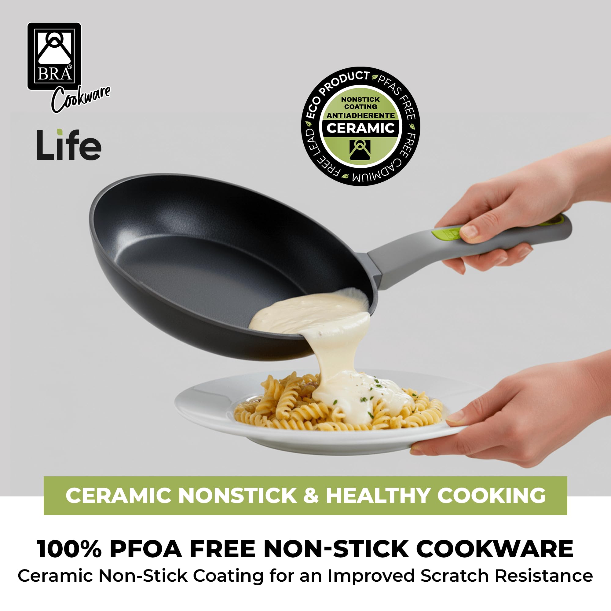 BRA COOKWARE Life Ceramic Nonstick Sauté Pan w/Glass Lid | 12.6 Inch 4.79 Quart Recycled Aluminum Deep Pan | Dual-Handle Braiser | Ceramic Non-Stick Coating | PFOA Free | All Cooktops & Oven Safe
