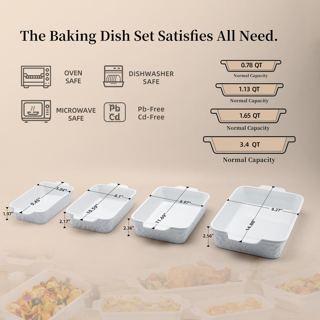 Casserole Dishes for Oven, Baking Dishes, Ceramic Bakeware Sets of 4, Rectangular Baking Pan Set with Handles for Baking, Casserole, Kitchen, Wedding Gift,White