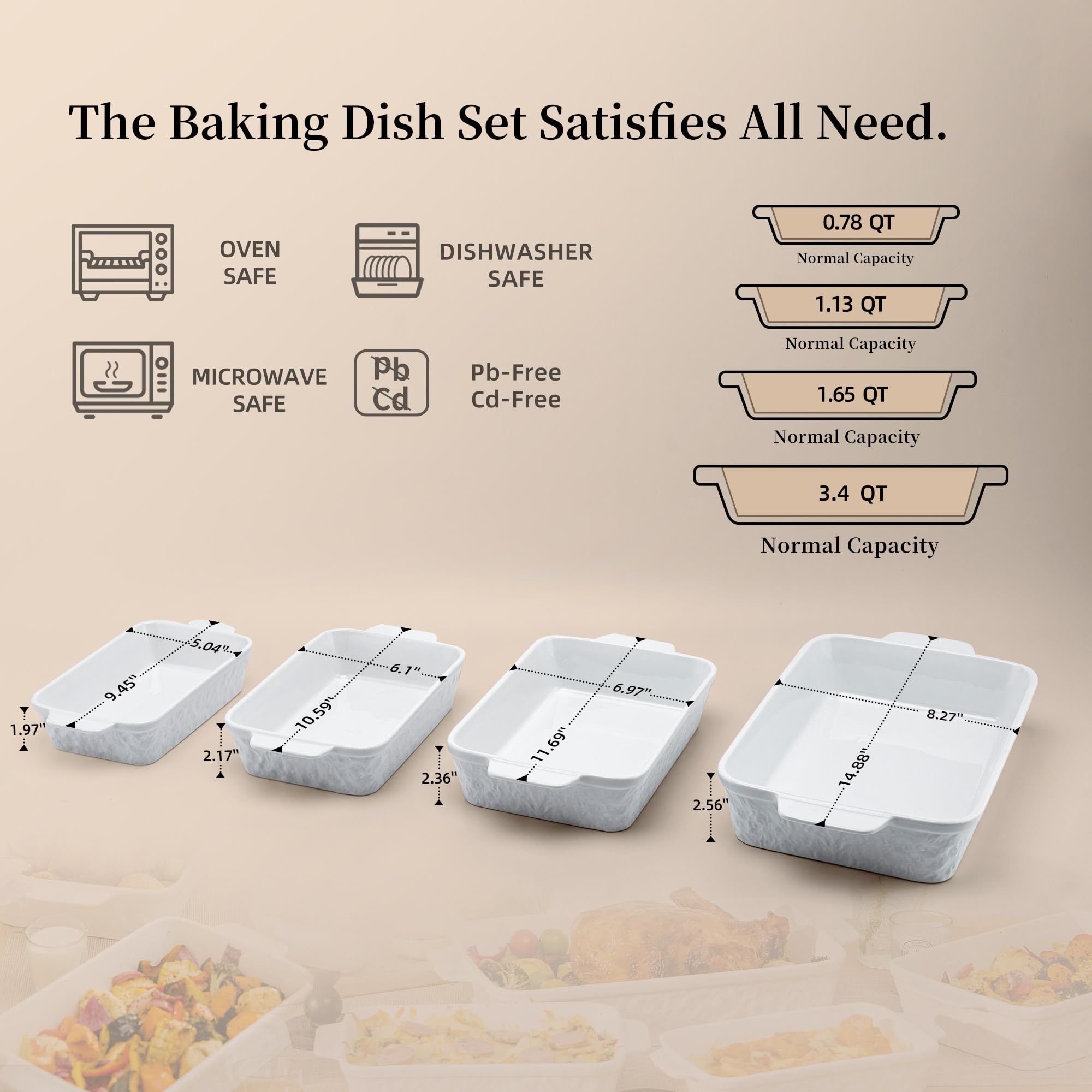 Casserole Dishes for Oven, Baking Dishes, Ceramic Bakeware Sets of 4, Rectangular Baking Pan Set with Handles for Baking, Casserole, Kitchen, Wedding Gift,White