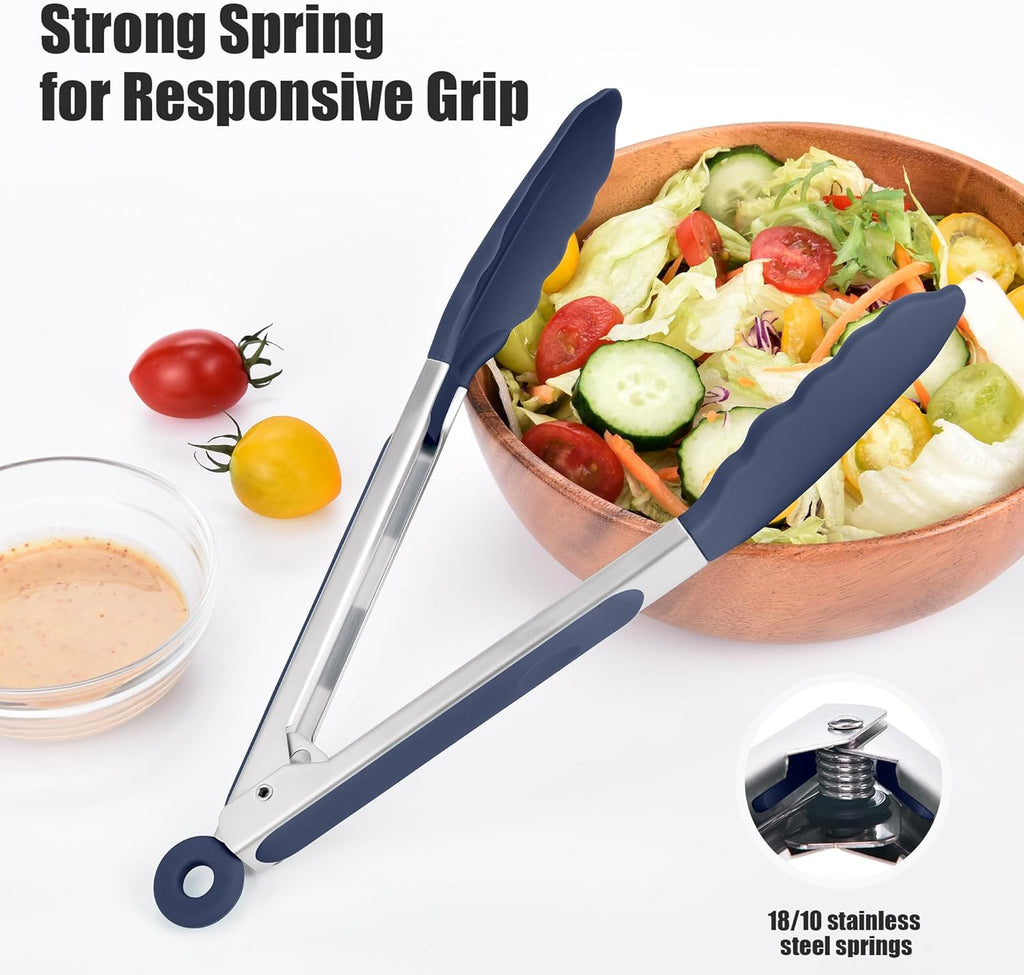 Doosu Kitchen Tongs for Cooking - 600°F Heat Resistant Food Tong with Non-Scratch Silicone Tips, Heavy Duty Stainless Steel Locking Tong for BBQ, Grilling Steak, Serving Salad Pasta (9in, Navy Blue)