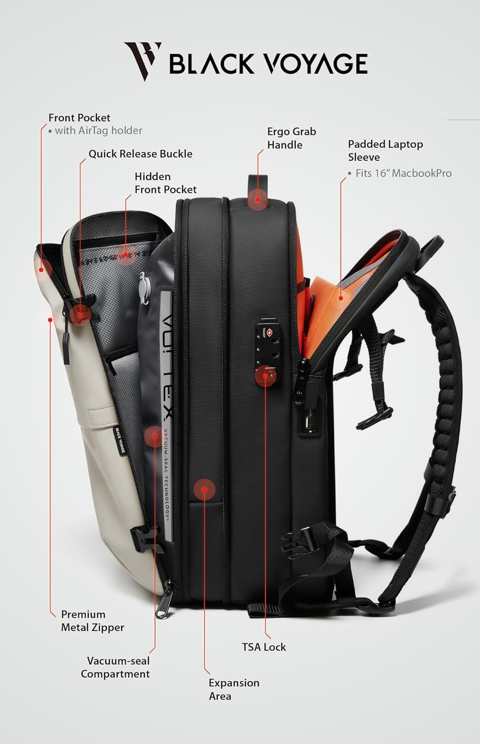 BlackVoyage Vortex Vacuum Seal Travel Backpack 60L Expandable Air Compression System Water Resistant TSA Lock Carry-On Suitcase Luggage White AERO - Vacuum Pump Included