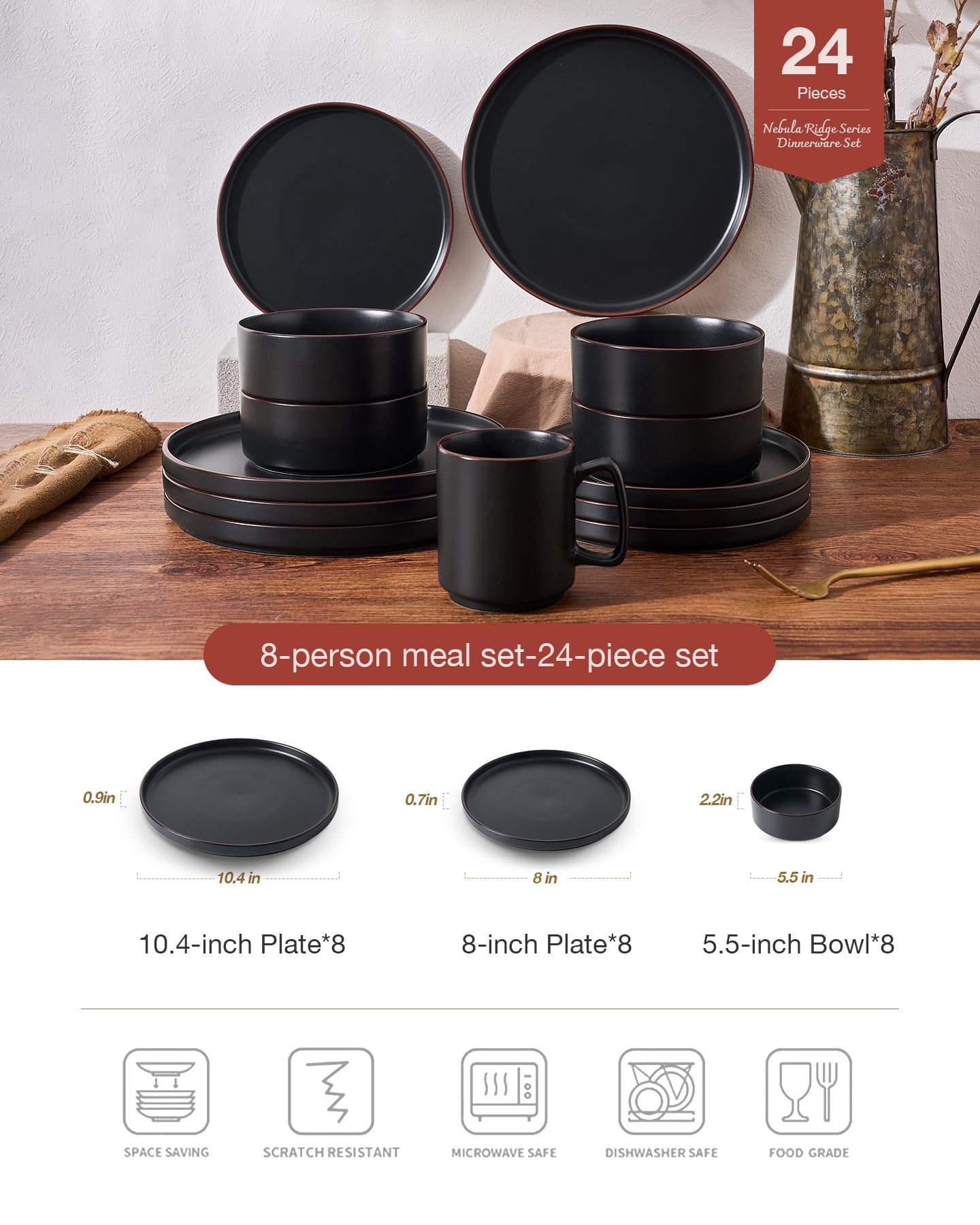 Famiware Nebula Ridge Stoneware Dinnerware Sets, Plates and Bowls Sets for 4, 12 Pieces Dishes Set, Microwave and Dishwasher Safe Kitchen Plates, Light Gray