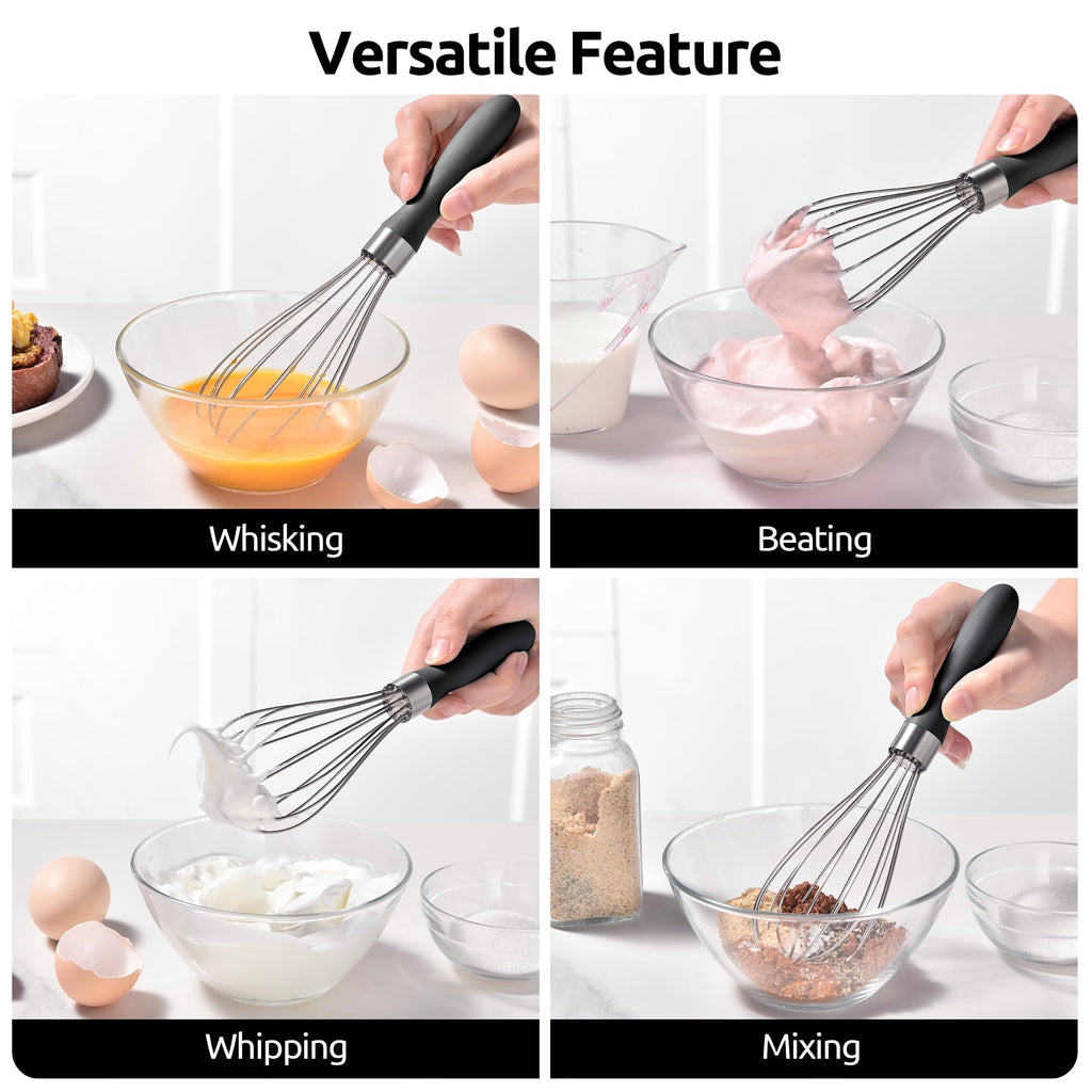 U-Taste Balloon Whisk for Cooking: 18/10 Stainless Steel Kitchen Wire Whisk, Medium Heavy Duty Egg Beater, Manual Baking Mixing Tool with 8 High Flex Wires for Stirring, Blending Sauce (Black)
