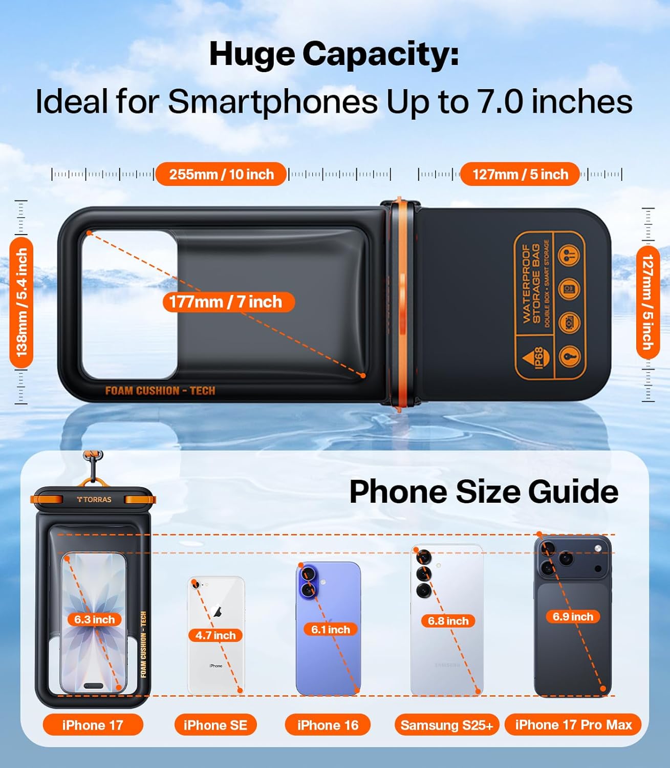 TORRAS IP68 Waterproof Phone Pouch Double Space, Floating Waterproof Phone Case with Lanyard for iPhone 17 Pro Max 16 15 14 S26 S25, Phone Dry Bag Vacation Cruise Ship Travel Essentials 7.0'', Black
