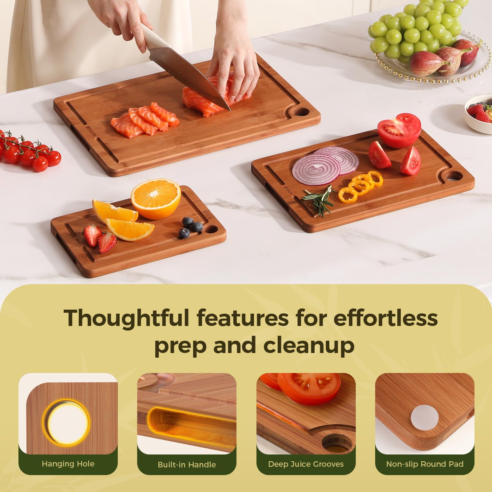 Bamboo Cutting Board for Kitchen – 3-Piece Wooden Boards with Juice Grooves, Side Handles, Non-Slip Mats – Perfect for Meat, Veggies Fruit,Cutting Board & Knife Sets – Ideal Kitchen Gift