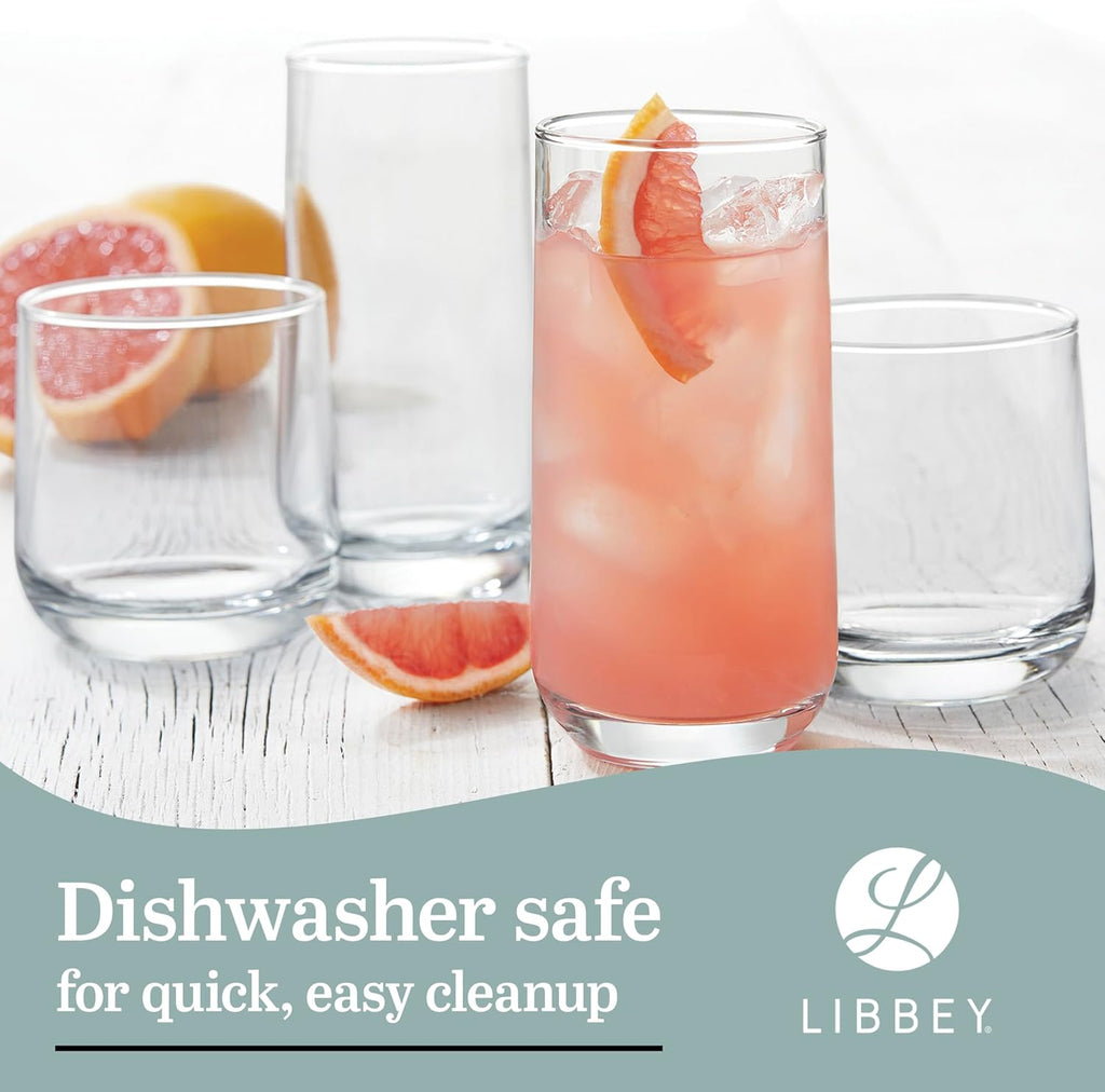 Libbey Ascent Tumbler and Rocks Drinking Glasses Set of 16, Glass Drinking Glasses with Curvature, Versatile Glassware Set for Parties and More