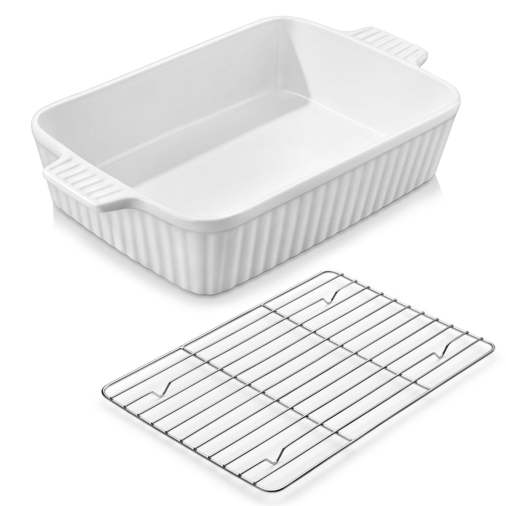 MALACASA 4.4 QT Baking Dish, 9x13 Large Casserole Dish for Oven, Ceramic Baking Pan, Rectangular Lasagna Pan Deep with Handles for Baking, Durable Microwave Oven Safe, Wedding Gift,White, Series BAKE-BAKE