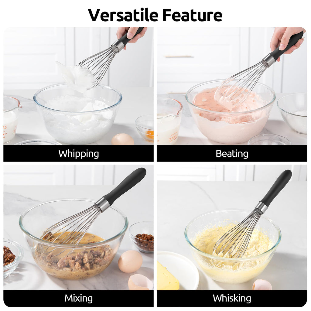 U-Taste Balloon Whisk for Cooking: 18/10 Stainless Steel Kitchen Wire Whisk, Medium Heavy Duty Egg Beater, Manual Baking Mixing Tool with 8 High Flex Wires for Stirring, Blending Sauce (Black)