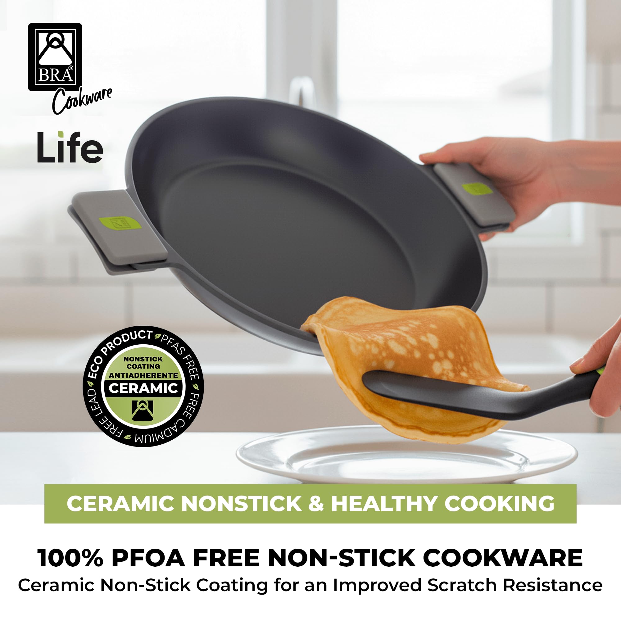 BRA COOKWARE Life Ceramic Nonstick Sauté Pan w/Glass Lid | 12.6 Inch 4.79 Quart Recycled Aluminum Deep Pan | Dual-Handle Braiser | Ceramic Non-Stick Coating | PFOA Free | All Cooktops & Oven Safe