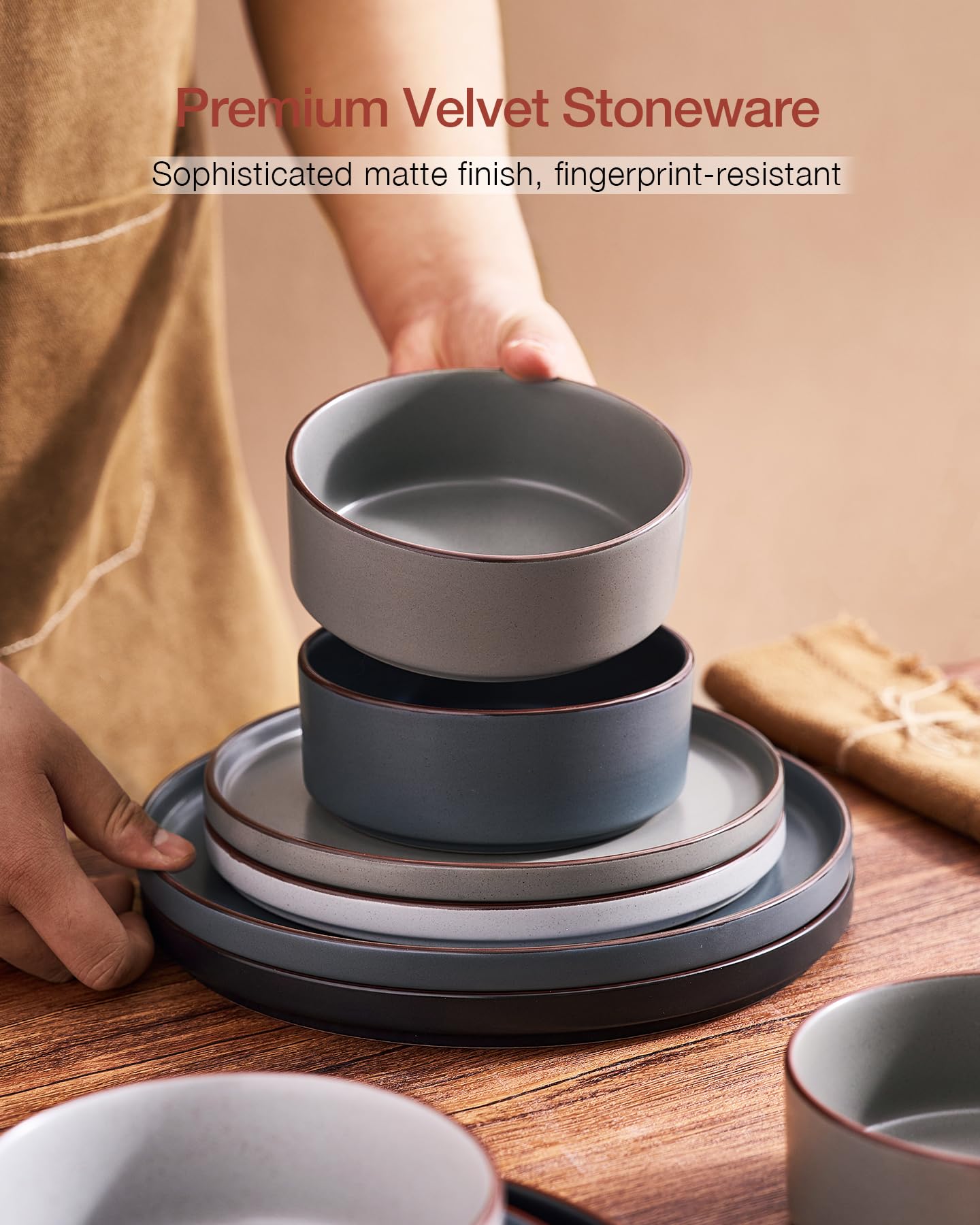 Famiware Nebula Ridge Stoneware Dinnerware Sets, Plates and Bowls Sets for 4, 12 Pieces Dishes Set, Microwave and Dishwasher Safe Kitchen Plates, Light Gray