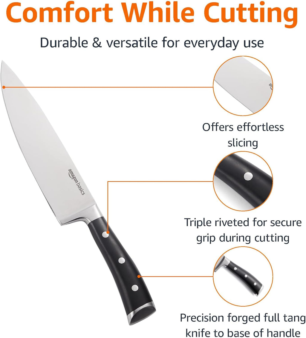 Amazon Basics Classic 8-inch Full Tang High Carbon Stainless Steel Chef's Knife, Multipurpose Kitchen Knife with Three Rivets, Silver