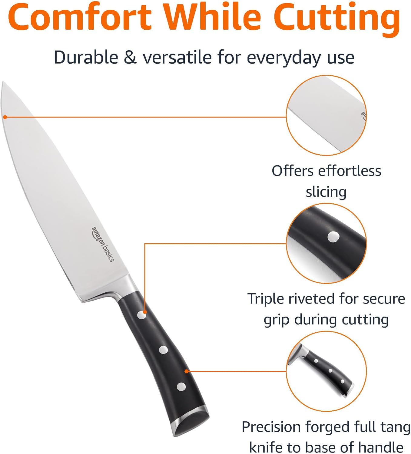 Amazon Basics Classic 8-inch Full Tang High Carbon Stainless Steel Chef's Knife, Multipurpose Kitchen Knife with Three Rivets, Silver