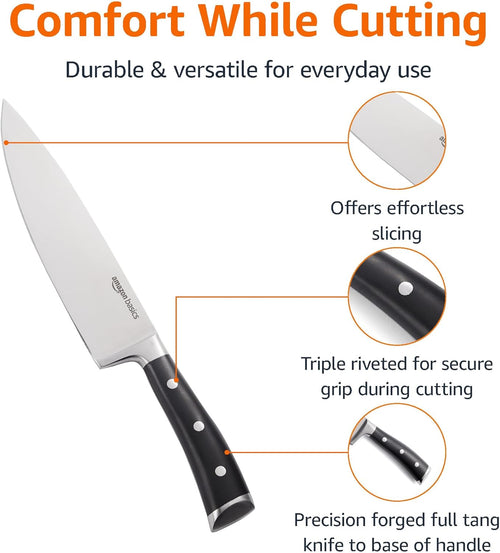 Amazon Basics Classic 8-inch Full Tang High Carbon Stainless Steel Chef's Knife, Multipurpose Kitchen Knife with Three Rivets, Silver