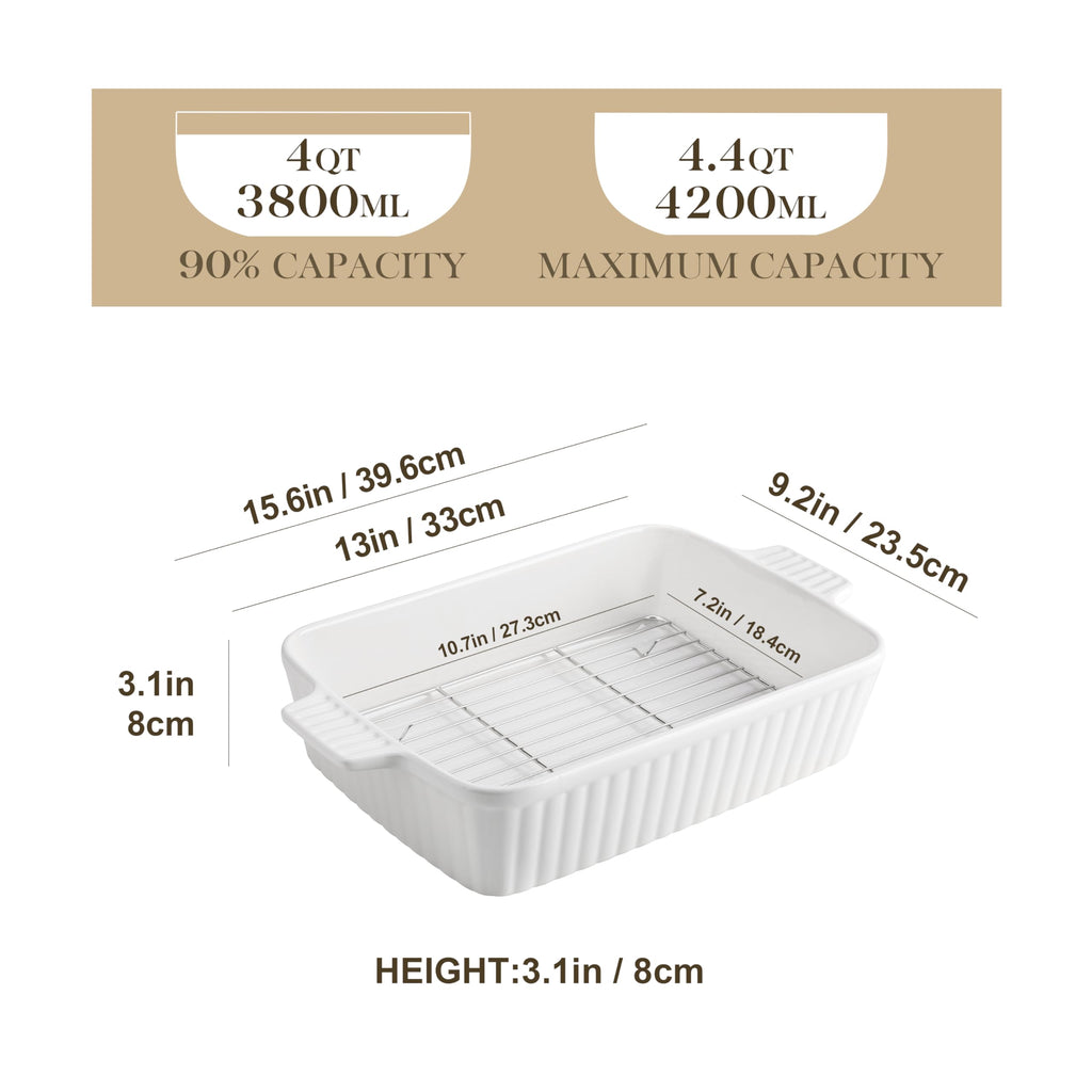 MALACASA 4.4 QT Baking Dish, 9x13 Large Casserole Dish for Oven, Ceramic Baking Pan, Rectangular Lasagna Pan Deep with Handles for Baking, Durable Microwave Oven Safe, Wedding Gift,White, Series BAKE-BAKE