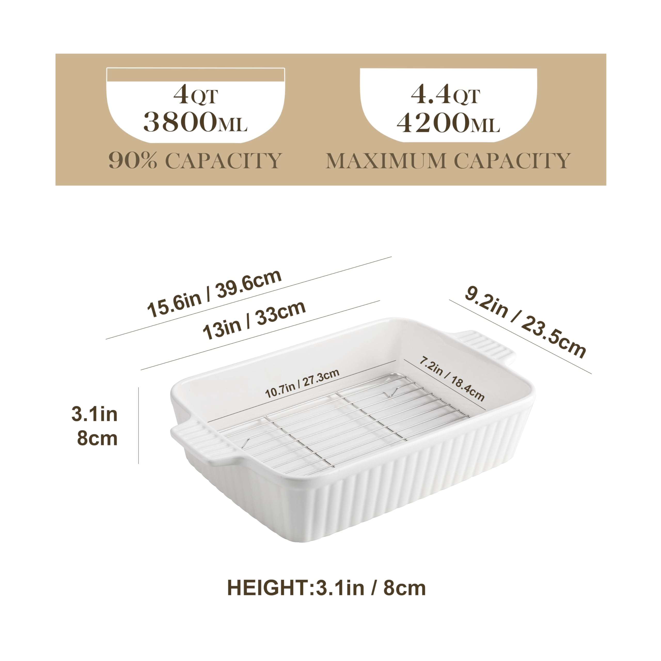 MALACASA 4.4 QT Baking Dish, 9x13 Large Casserole Dish for Oven, Ceramic Baking Pan, Rectangular Lasagna Pan Deep with Handles for Baking, Durable Microwave Oven Safe, Wedding Gift,White, Series BAKE-BAKE