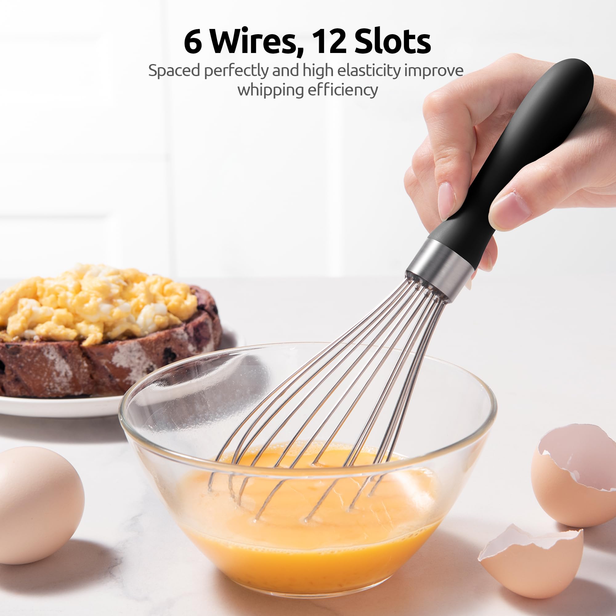 U-Taste Balloon Whisk for Cooking: 18/10 Stainless Steel Kitchen Wire Whisk, Medium Heavy Duty Egg Beater, Manual Baking Mixing Tool with 8 High Flex Wires for Stirring, Blending Sauce (Black)