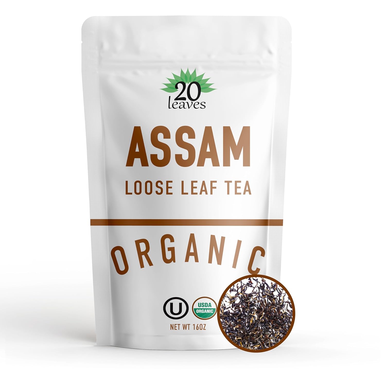 Assam Loose Leaf Black Tea - 100% Certified Organic - 1lb Pouch - 16oz Resealable Kraft Bag - 1 Pack