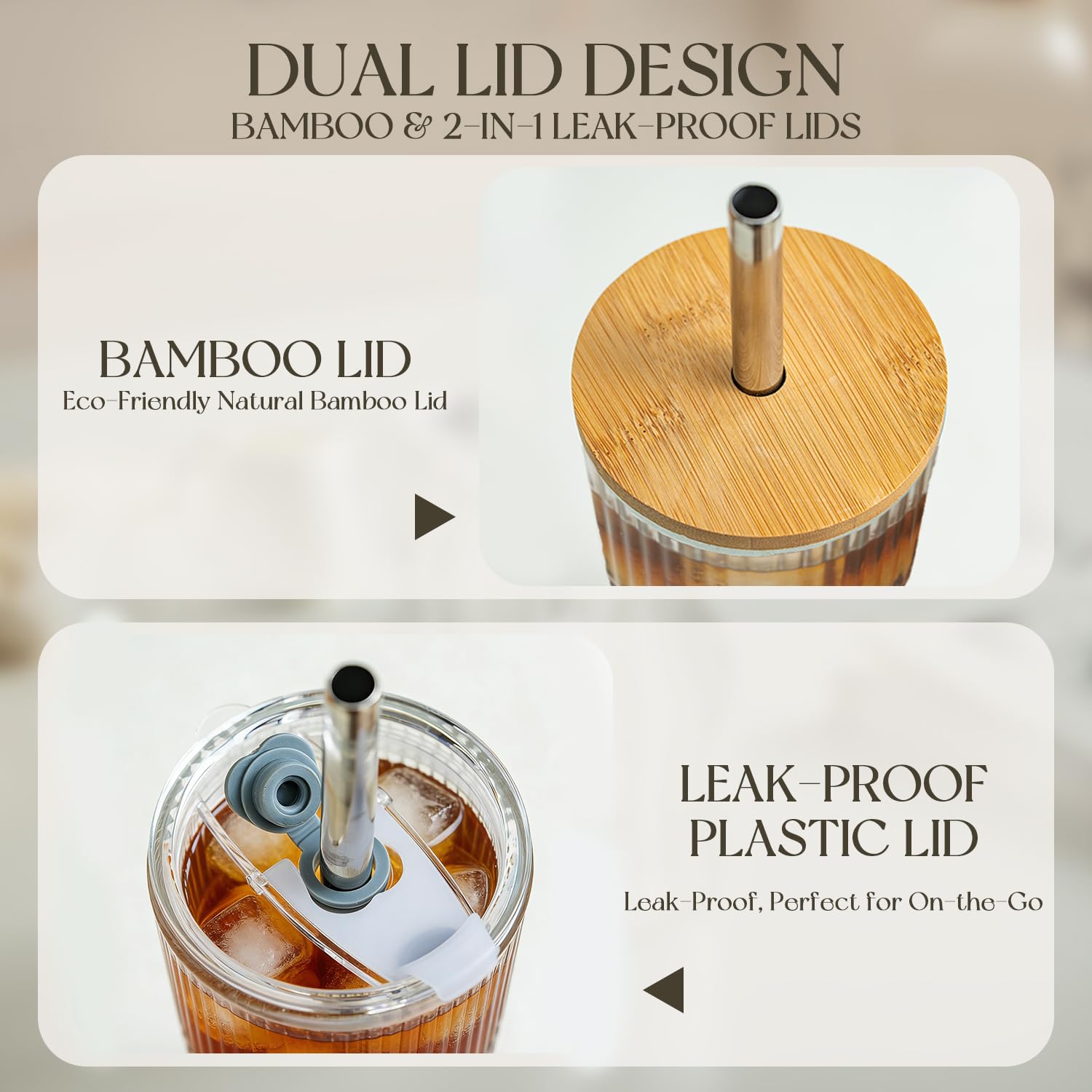 20oz Ribbed Glass Tumblers with 2 in 1 Lids & Extra-Wide 13mm Reusable Stainless Steel Straws, 2Pcs Leak-proof Vintage Drinking Glasses for Boba, Iced Coffee, Smoothies, Hot & Cold Drinks,Travel Cups