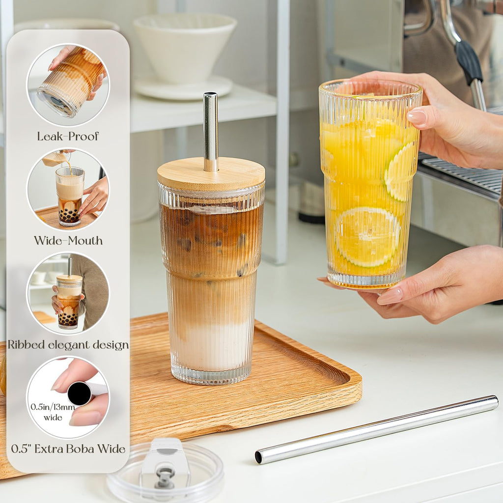 20oz Ribbed Glass Tumblers with 2 in 1 Lids & Extra-Wide 13mm Reusable Stainless Steel Straws, 2Pcs Leak-proof Vintage Drinking Glasses for Boba, Iced Coffee, Smoothies, Hot & Cold Drinks,Travel Cups