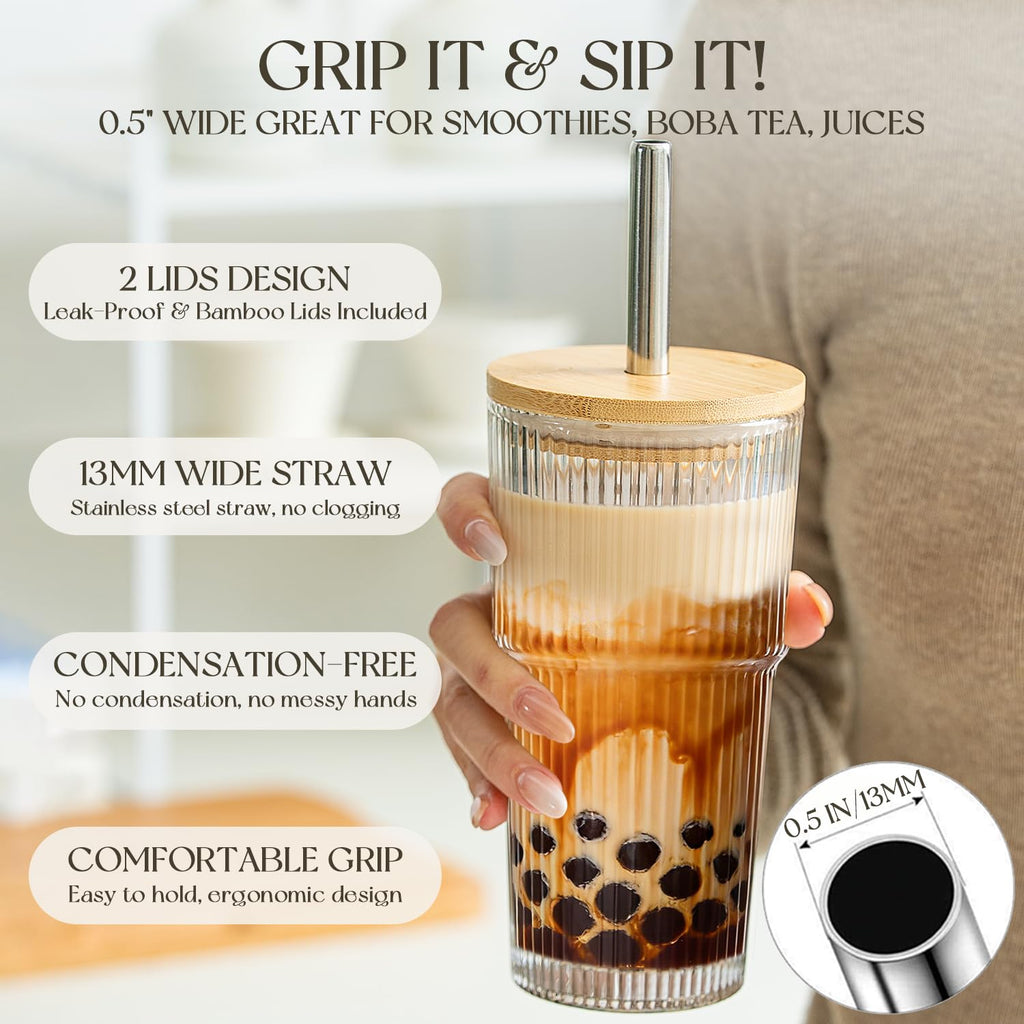 20oz Ribbed Glass Tumblers with 2 in 1 Lids & Extra-Wide 13mm Reusable Stainless Steel Straws, 2Pcs Leak-proof Vintage Drinking Glasses for Boba, Iced Coffee, Smoothies, Hot & Cold Drinks,Travel Cups
