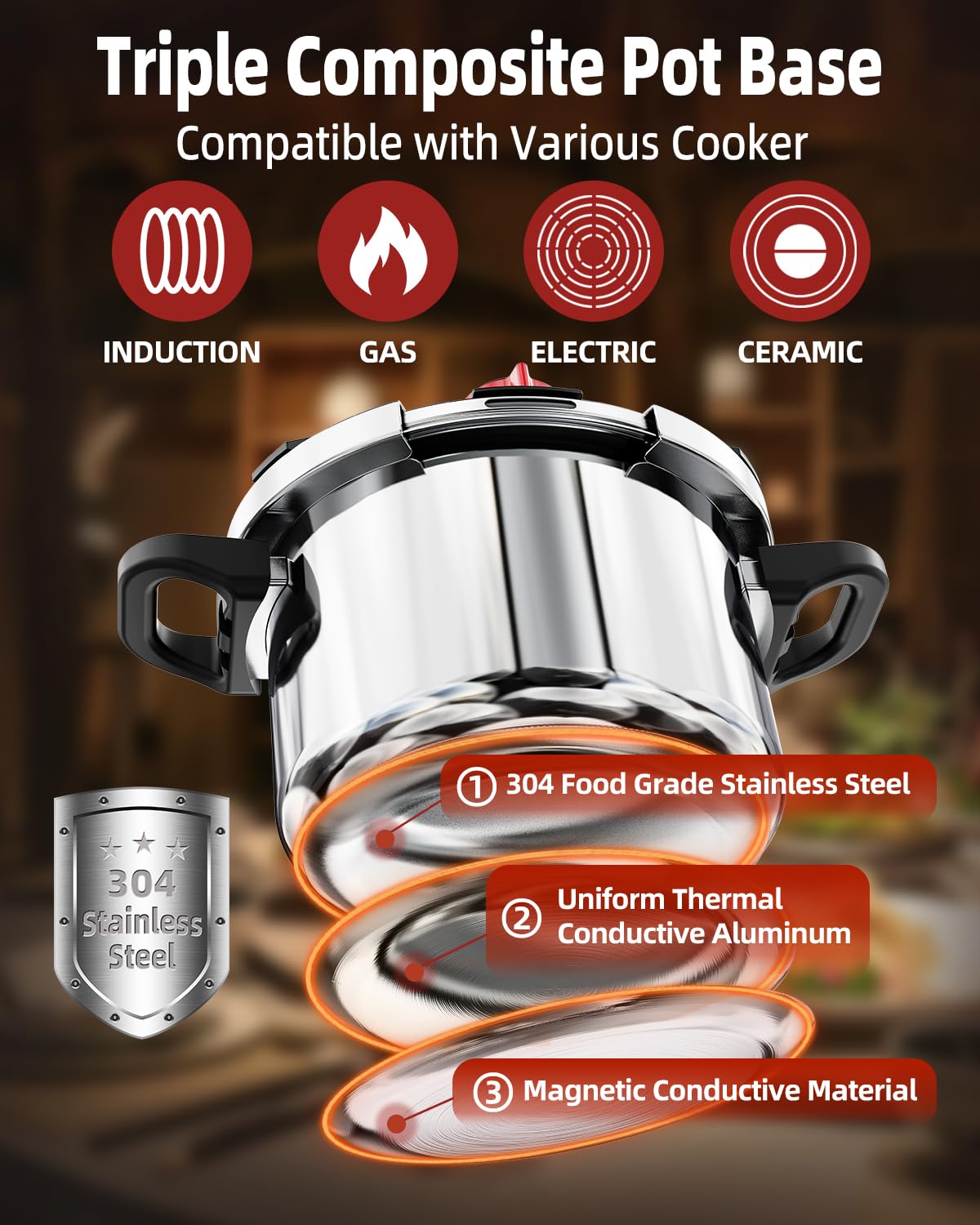 18/8 Stainless Steel Pressure Cooker 6 Quart, [One-Hand Locking] Olla de Presion, [3-In-1] Pressure Cooker, Includes Glass Lid & Steamer, Induction Compatible, Gas Stovetop Compatible