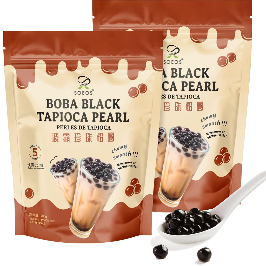 Soeos Tapioca Pearls 2.2 lb (998g), Boba Pearls for Bubble Tea, Beverages, Sweets, Ice Cream, Shakes, Desserts & Smoothies Topping - Ready in 5 Minutes