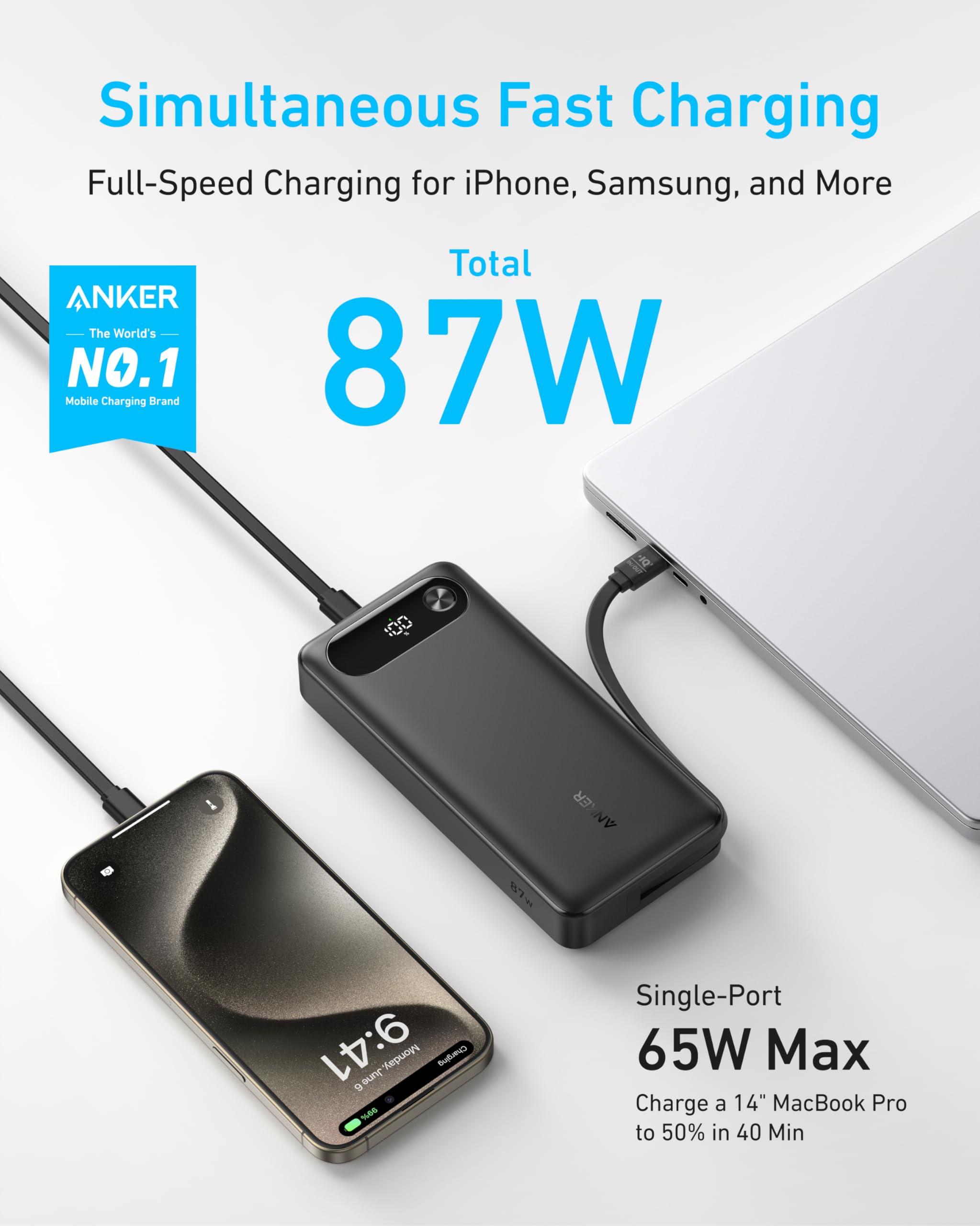 Anker Power Bank, 20,000mAh Travel Essential Portable Charger with Built-in USB-C Cable, 3-Port 87W Max Fast Charging Battery Pack, for MacBook, iPhone 16/15 Series, Samsung, Switch, and More