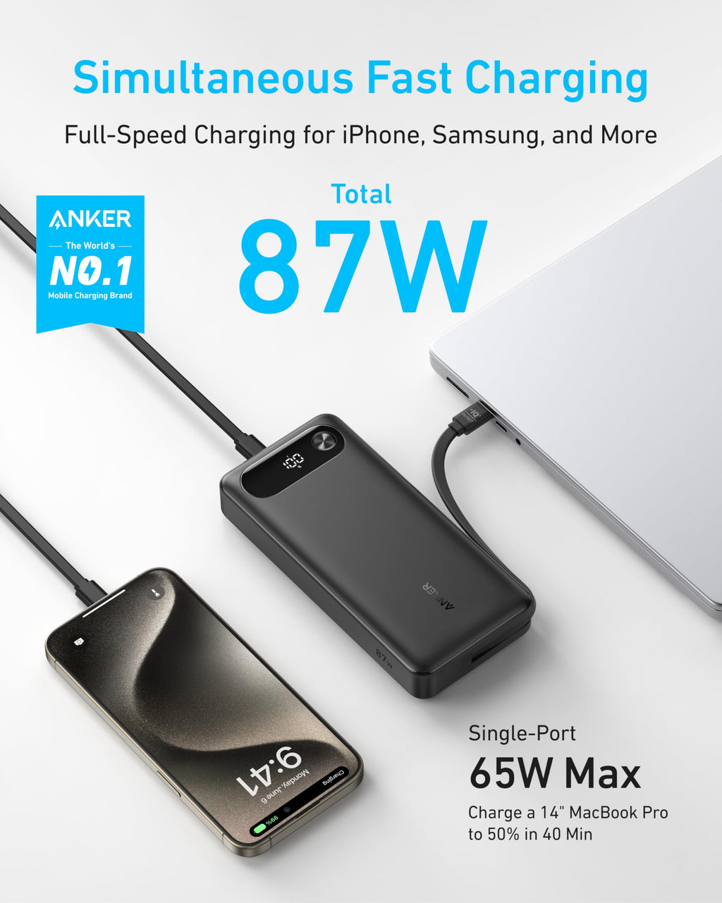 Anker Power Bank, 20,000mAh Travel Essential Portable Charger with Built-in USB-C Cable, 3-Port 87W Max Fast Charging Battery Pack, for MacBook, iPhone 16/15 Series, Samsung, Switch, and More