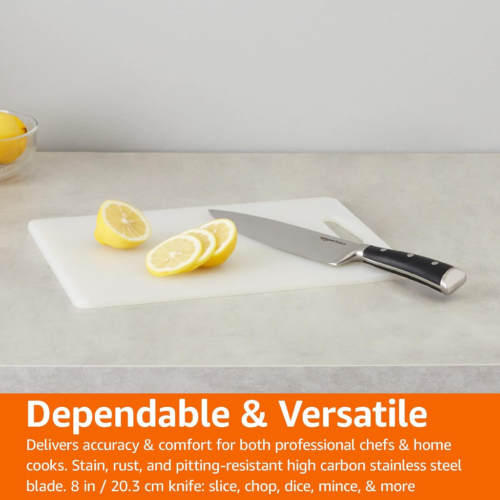 Amazon Basics Classic 8-inch Full Tang High Carbon Stainless Steel Chef's Knife, Multipurpose Kitchen Knife with Three Rivets, Silver