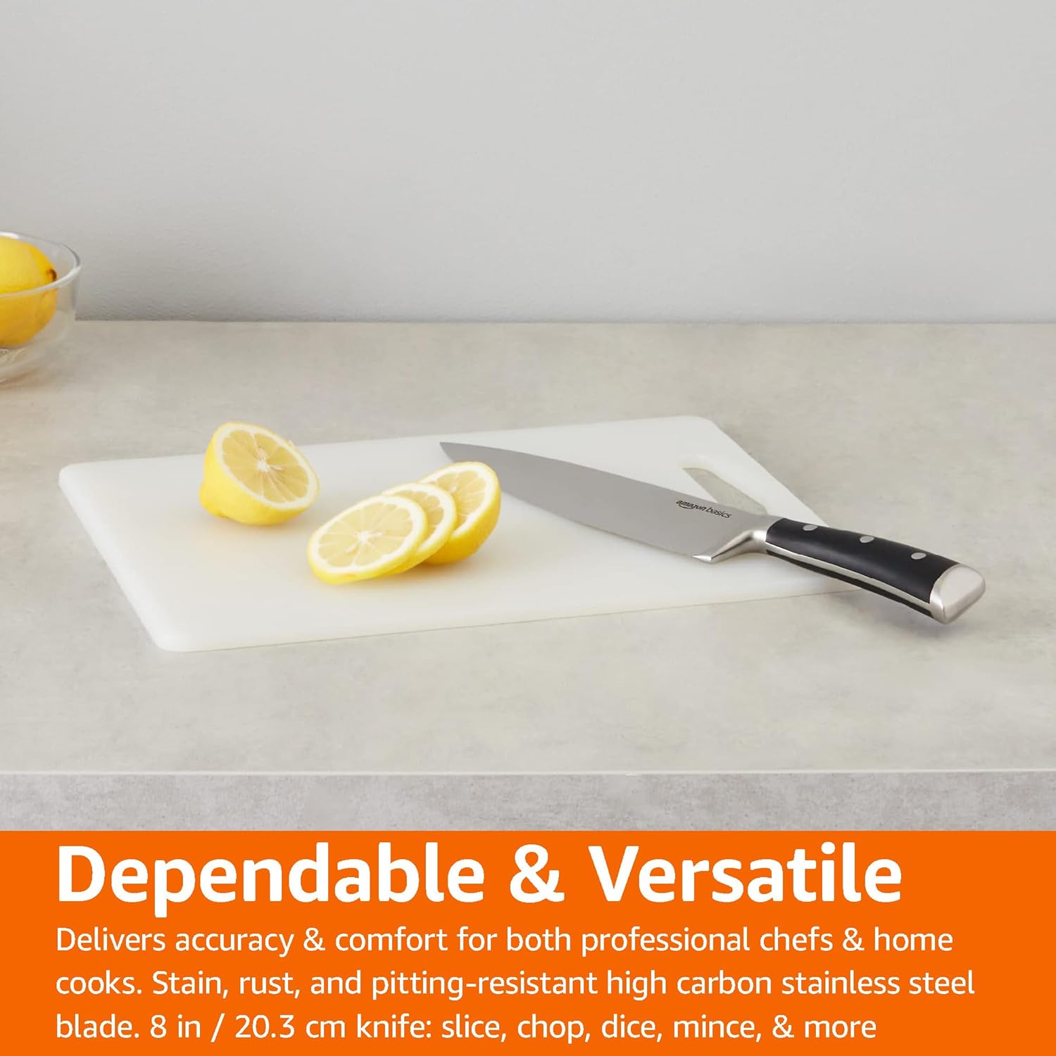 Amazon Basics Classic 8-inch Full Tang High Carbon Stainless Steel Chef's Knife, Multipurpose Kitchen Knife with Three Rivets, Silver