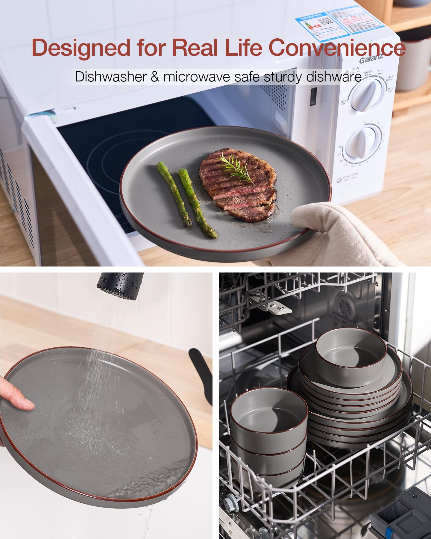 Famiware Nebula Ridge Stoneware Dinnerware Sets, Plates and Bowls Sets for 4, 12 Pieces Dishes Set, Microwave and Dishwasher Safe Kitchen Plates, Light Gray