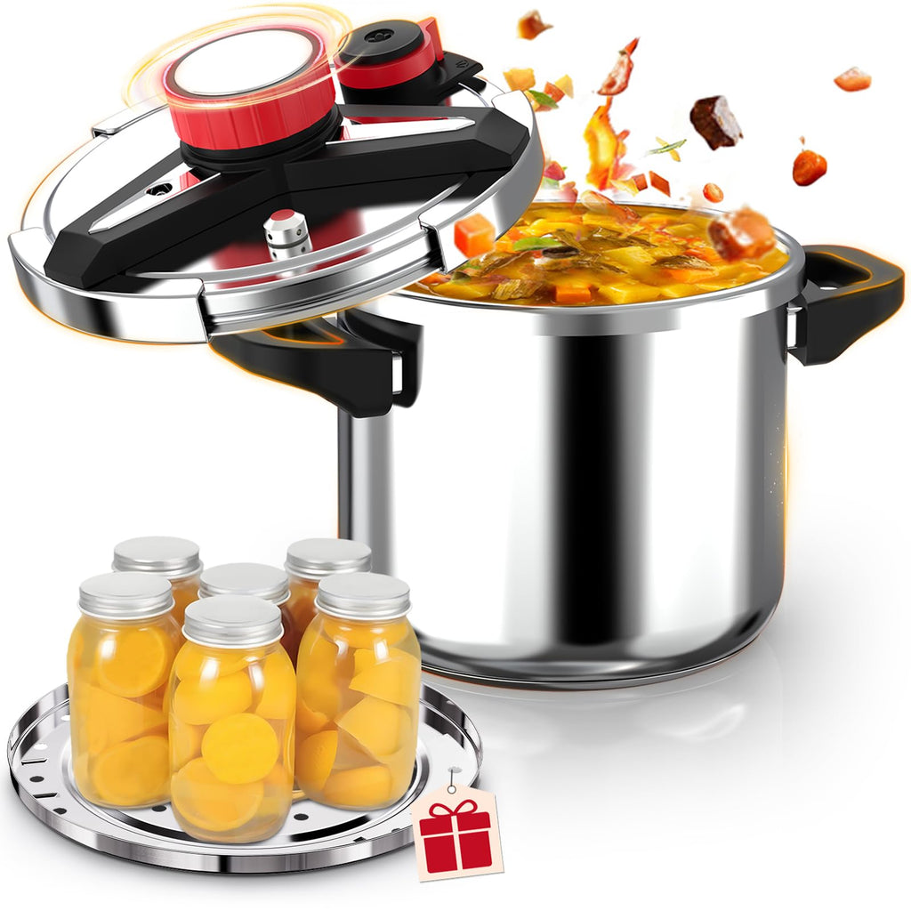 18/8 Stainless Steel Pressure Cooker 6 Quart, [One-Hand Locking] Olla de Presion, [3-In-1] Pressure Cooker, Includes Glass Lid & Steamer, Induction Compatible, Gas Stovetop Compatible