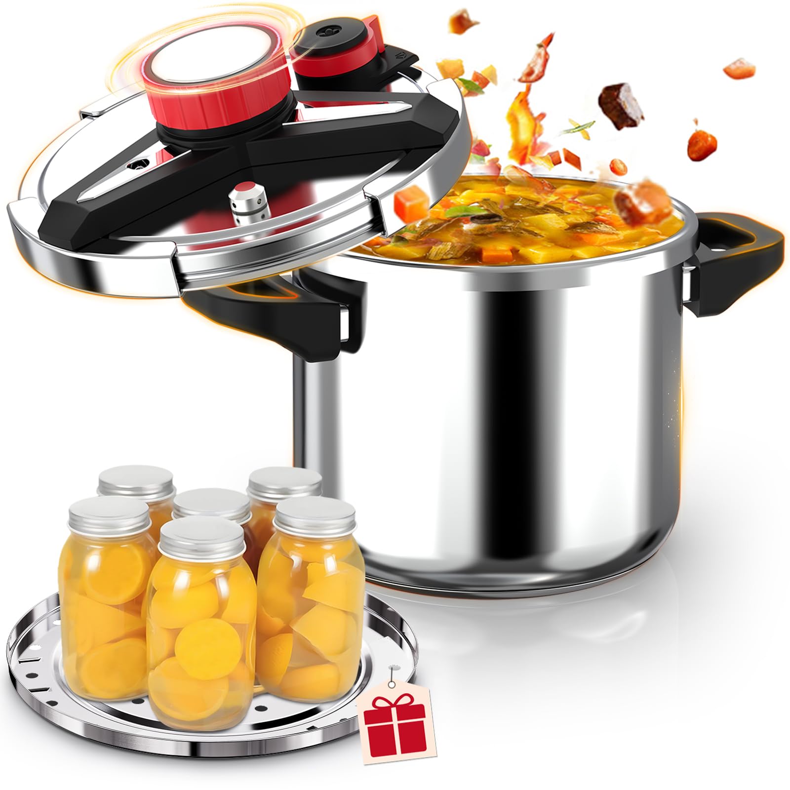 18/8 Stainless Steel Pressure Cooker 6 Quart, [One-Hand Locking] Olla de Presion, [3-In-1] Pressure Cooker, Includes Glass Lid & Steamer, Induction Compatible, Gas Stovetop Compatible