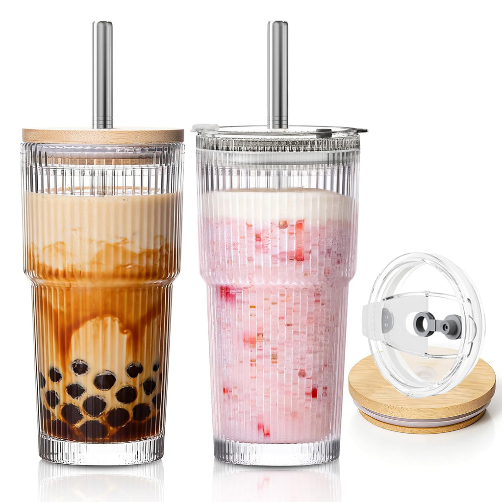 20oz Ribbed Glass Tumblers with 2 in 1 Lids & Extra-Wide 13mm Reusable Stainless Steel Straws, 2Pcs Leak-proof Vintage Drinking Glasses for Boba, Iced Coffee, Smoothies, Hot & Cold Drinks,Travel Cups