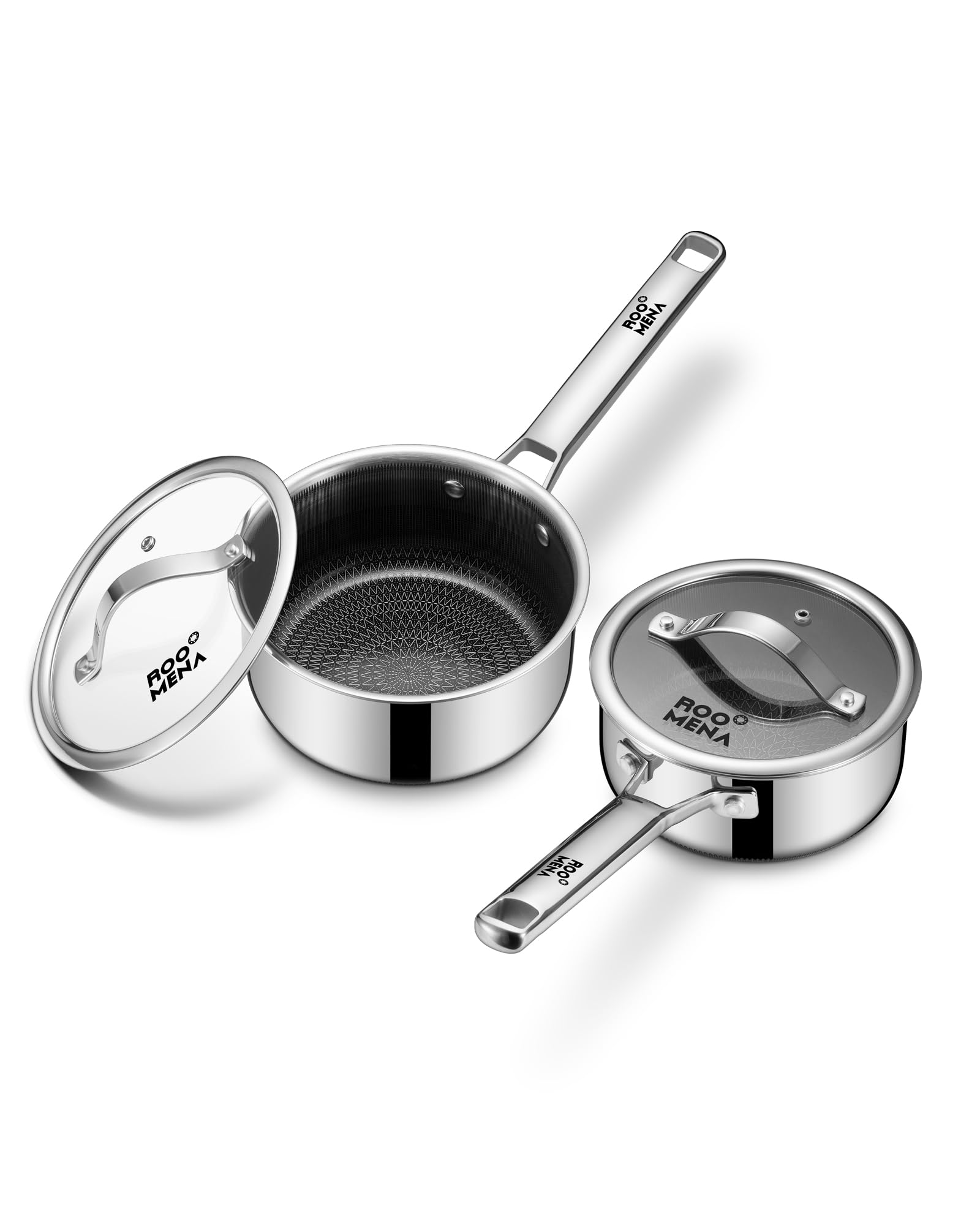 Nonstick Sauce Pan with Lid, Non-Toxic Tri-Ply Hybrid Ceramic Saucepan, 1.5&2.5 Quart Stainless Steel Pans, PFAS/PFOA/PTFE Free, Dishwasher & Oven Safe, Induction Compatible