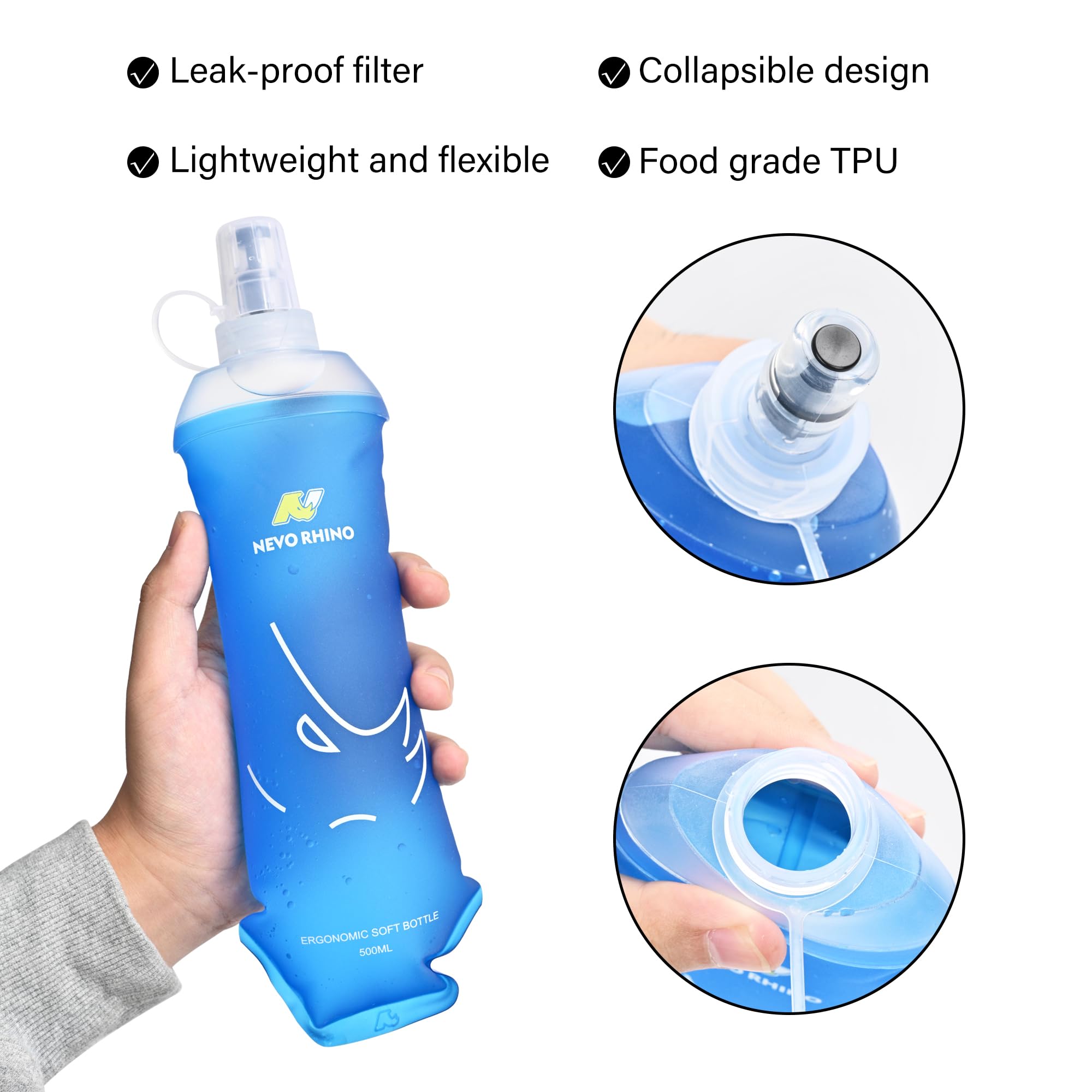 N NEVO RHINO 2PCS Soft Flask, 17oz/500ml TPU Running Water Bottle for Hydration Vests and Running Packs, Leak-proof BPA-Free Collapsible Water Bottles for Running, Hiking, Cycling, Climbing