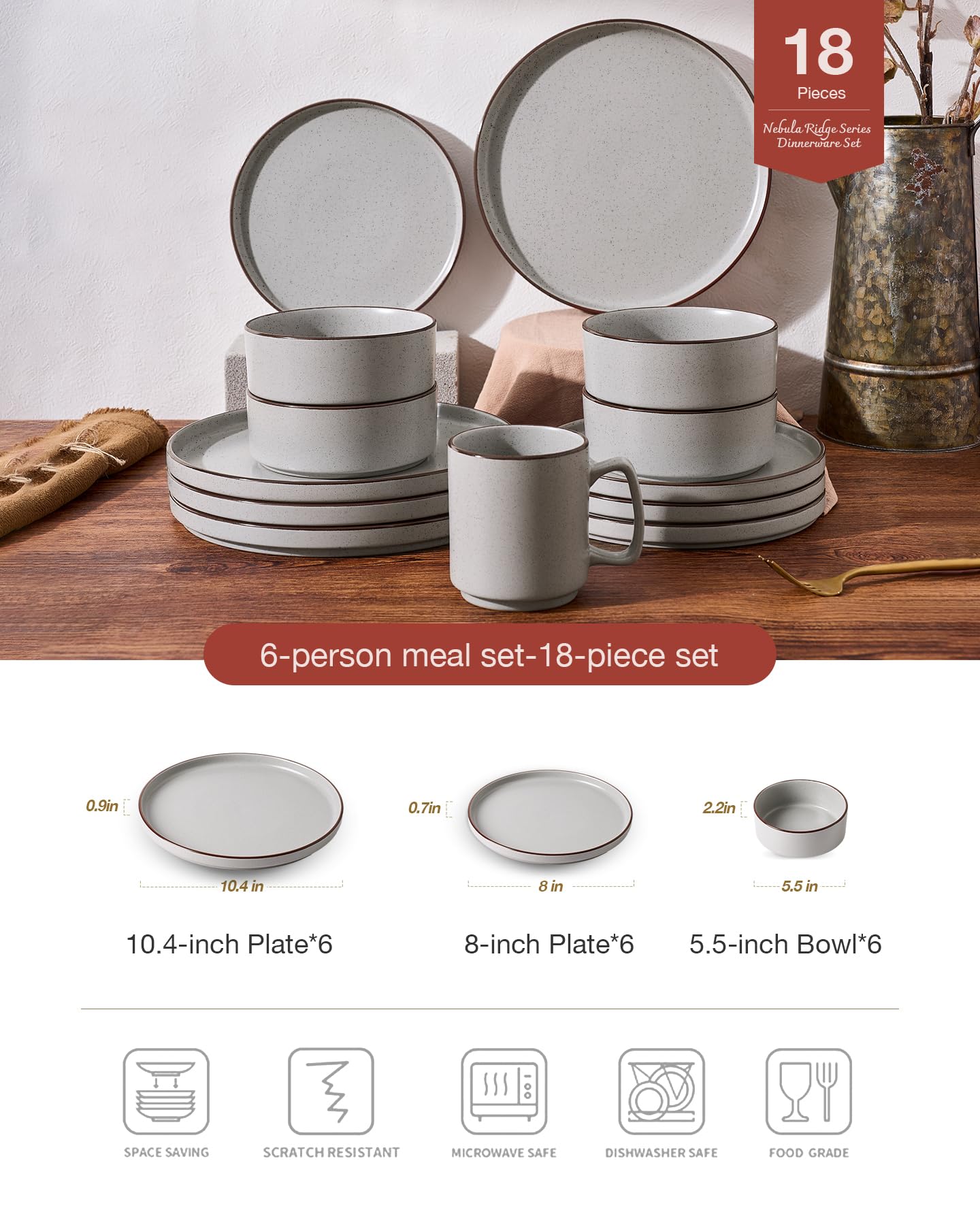 Famiware Nebula Ridge Stoneware Dinnerware Sets, Plates and Bowls Sets for 4, 12 Pieces Dishes Set, Microwave and Dishwasher Safe Kitchen Plates, Light Gray