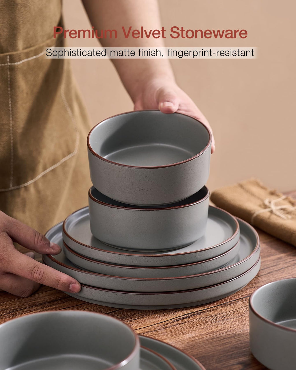 Famiware Nebula Ridge Stoneware Dinnerware Sets, Plates and Bowls Sets for 4, 12 Pieces Dishes Set, Microwave and Dishwasher Safe Kitchen Plates, Light Gray