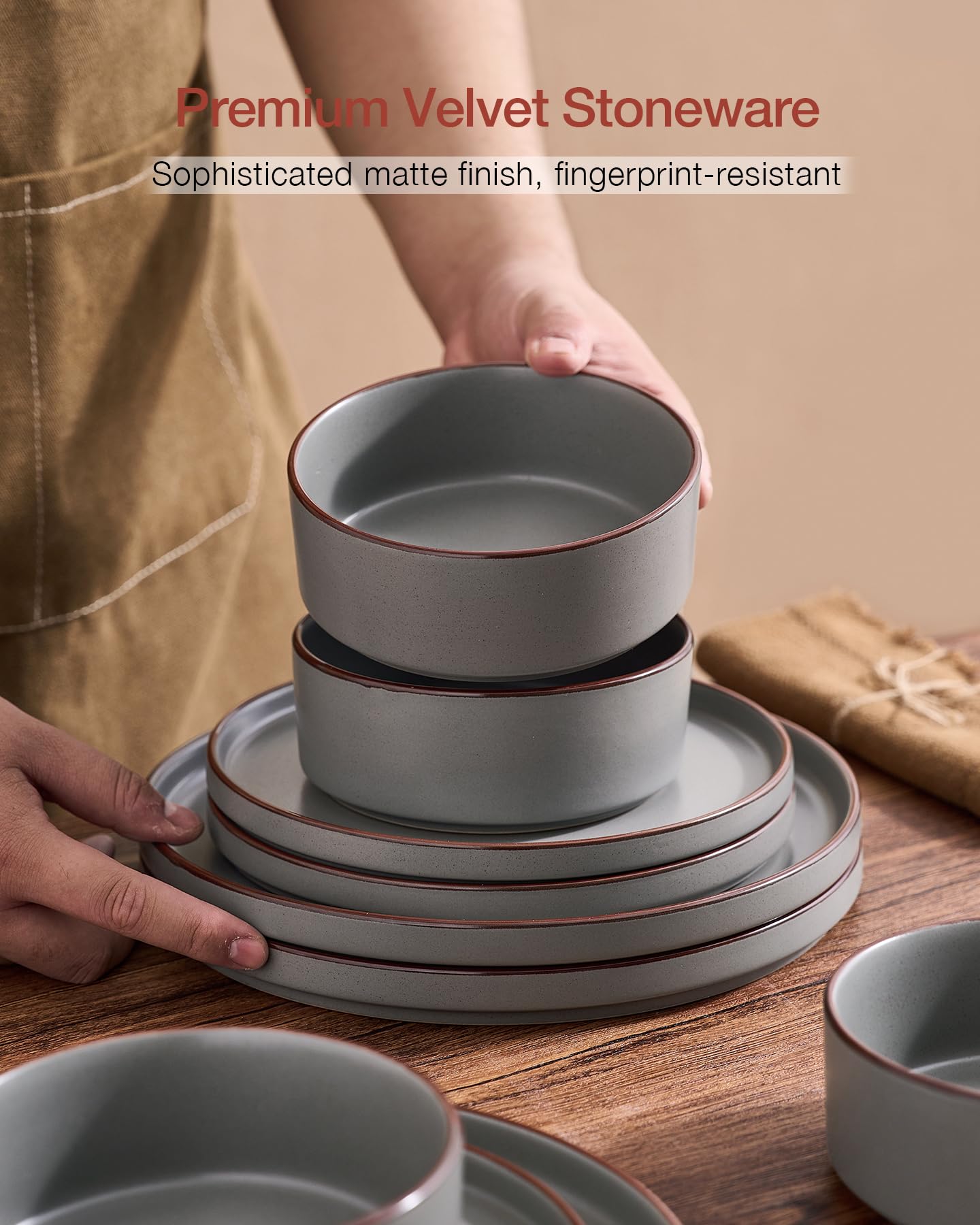 Famiware Nebula Ridge Stoneware Dinnerware Sets, Plates and Bowls Sets for 4, 12 Pieces Dishes Set, Microwave and Dishwasher Safe Kitchen Plates, Light Gray