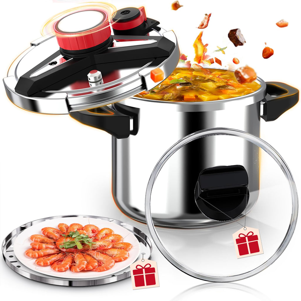18/8 Stainless Steel Pressure Cooker 6 Quart, [One-Hand Locking] Olla de Presion, [3-In-1] Pressure Cooker, Includes Glass Lid & Steamer, Induction Compatible, Gas Stovetop Compatible
